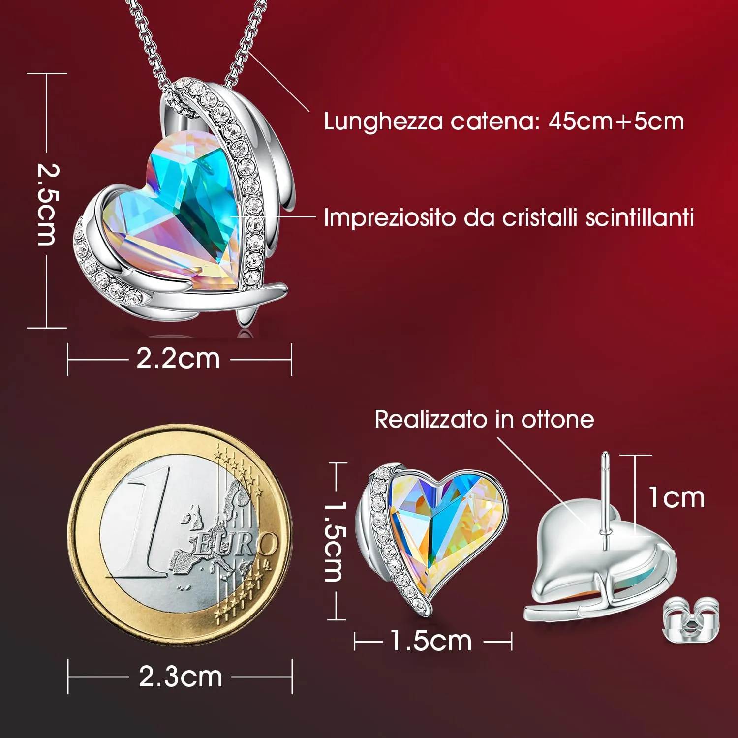 CDE Parure Collana Orecchini Cuore Rosa Cristalli Scatola Regalo