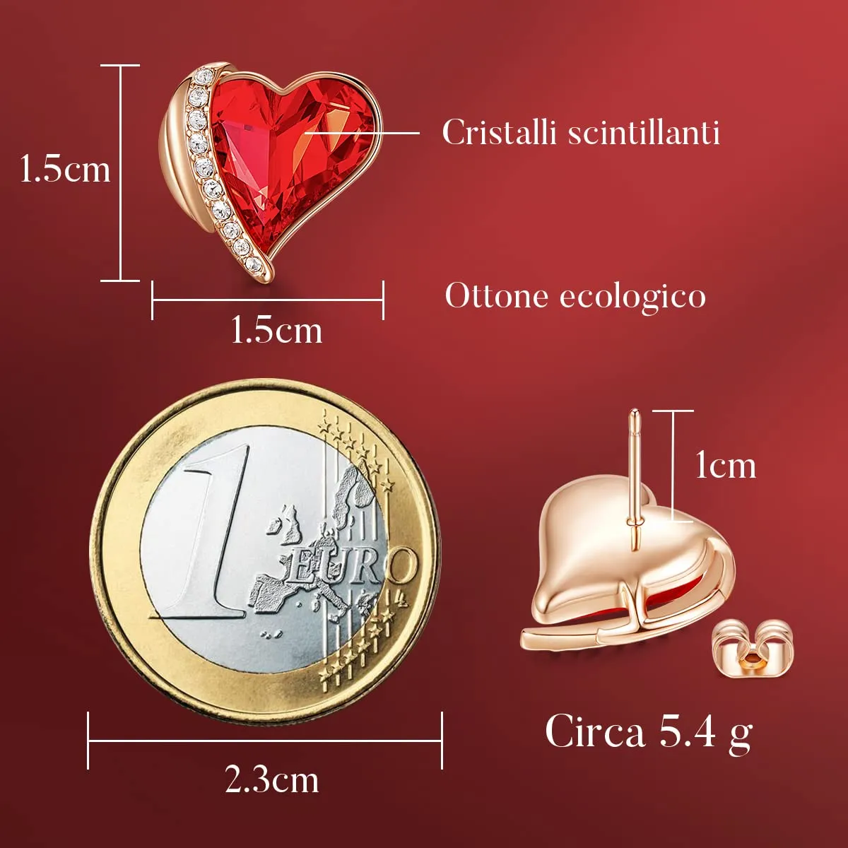 CDE Orecchini a Bottone Cuore Oro Bianco Cristalli