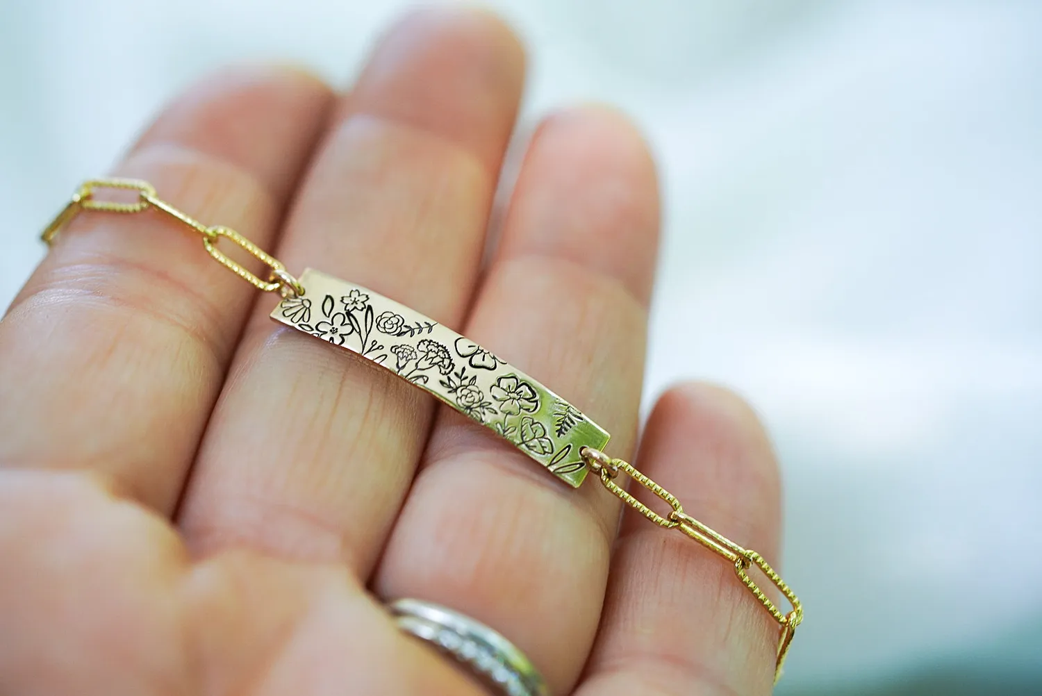 WordsByHeartCo Floral Bar bracciale paperclip argento 925 regolabile