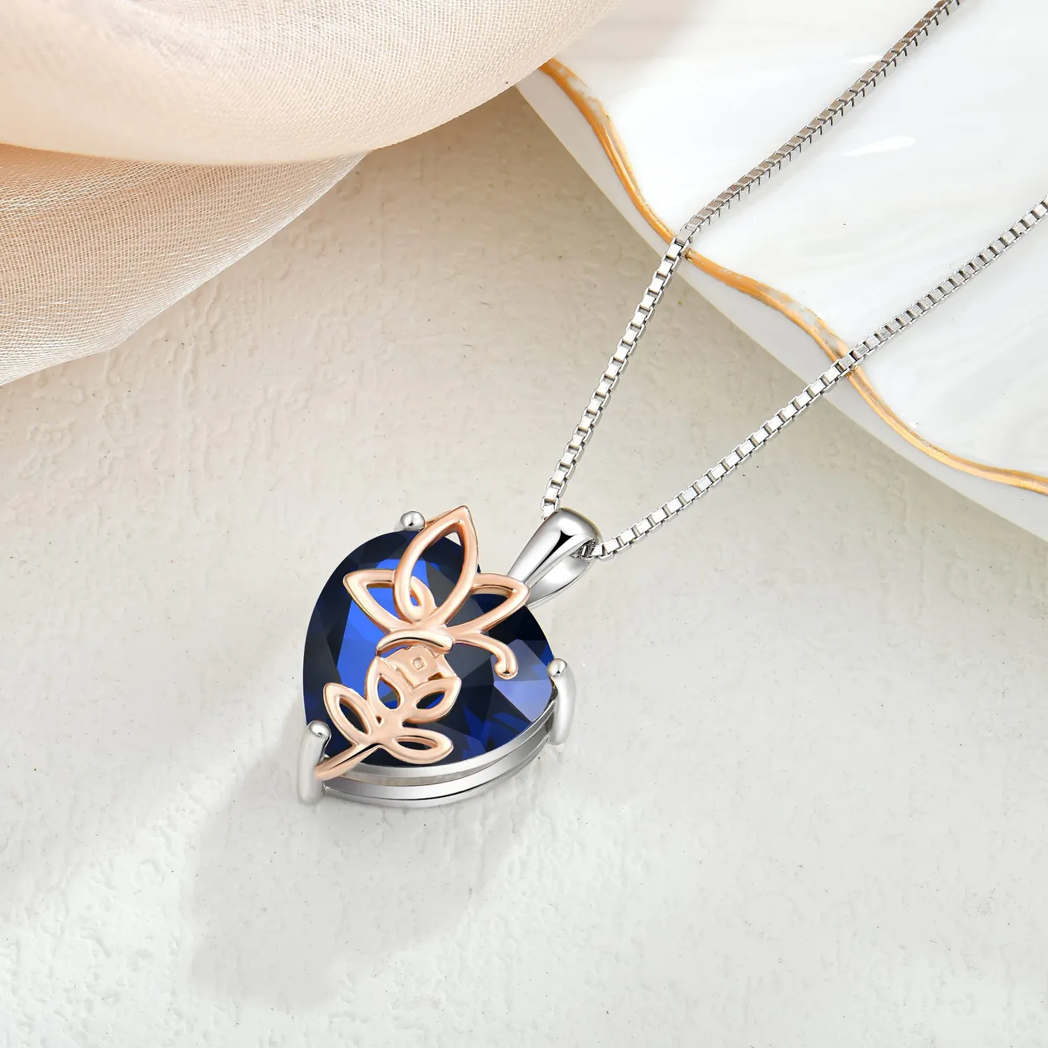 YL Rosa Farfalla Cuore collana argento 925 zaffiro settembre