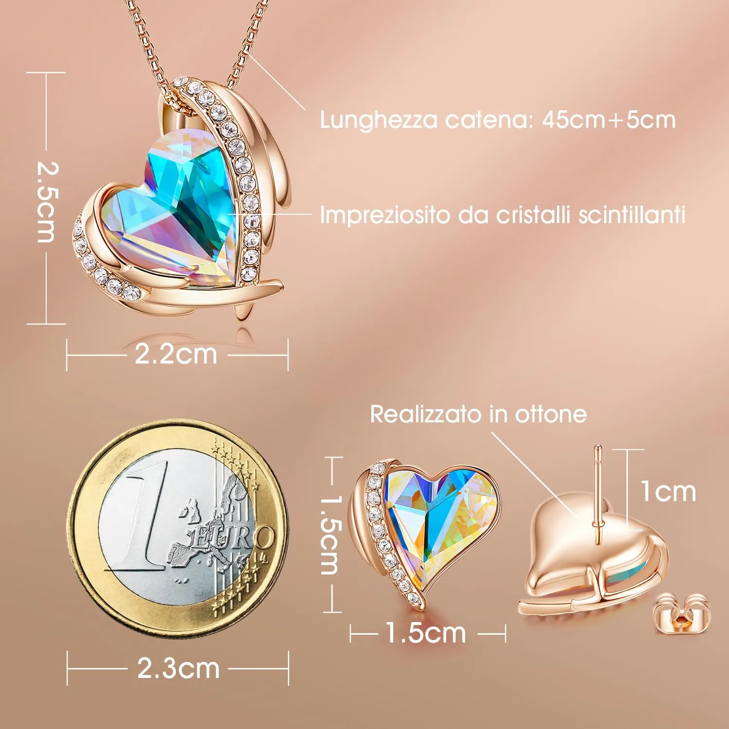 CDE Cuore parure collana e orecchini oro rosa cristalli