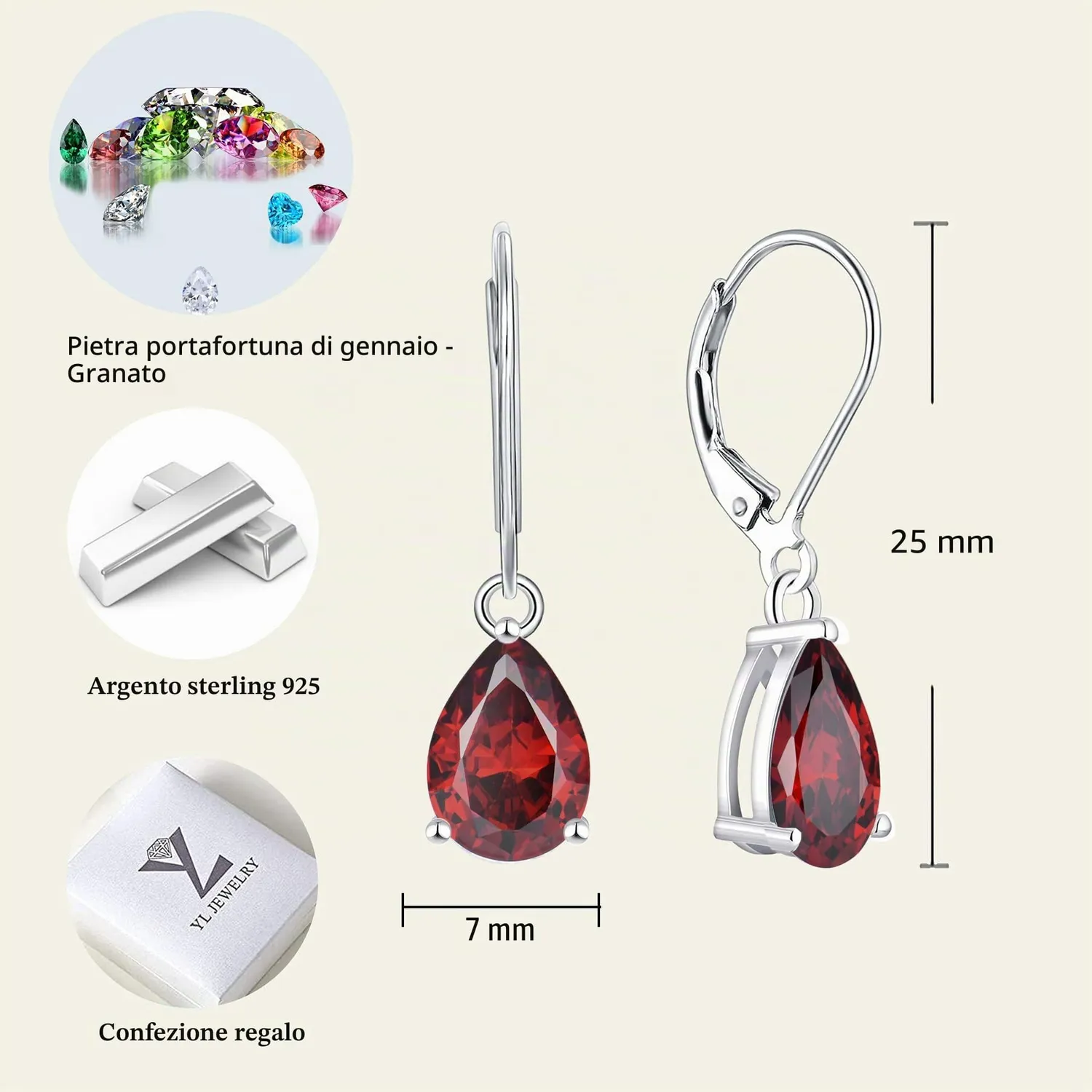 YL Pera orecchini pendenti argento 925 pietra nascita