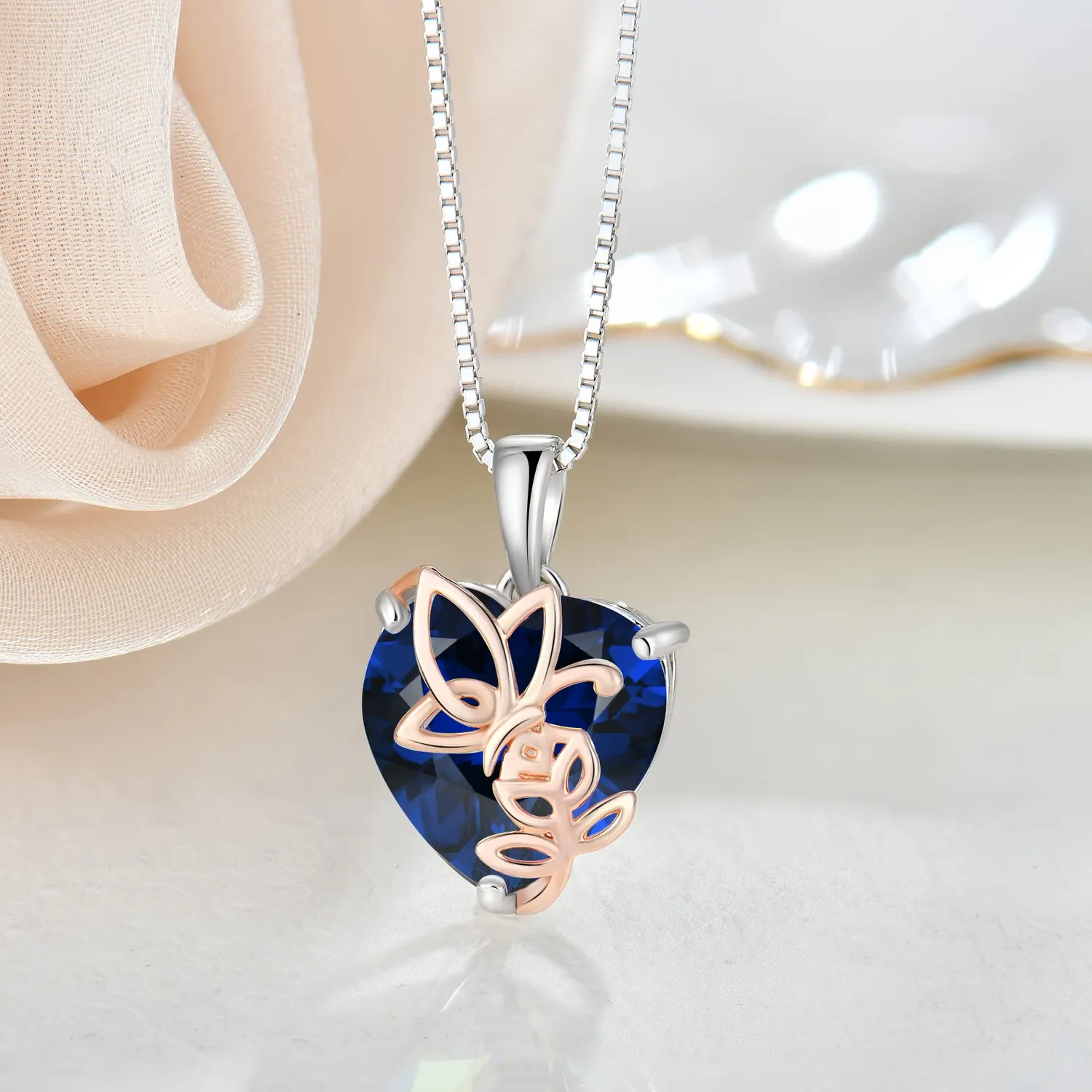 YL Rosa Farfalla Cuore collana argento 925 zaffiro settembre