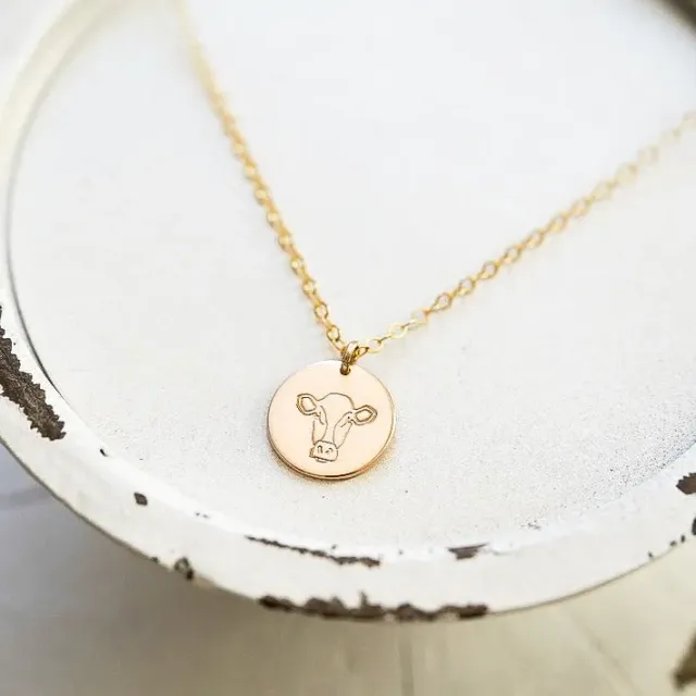 WordsByHeartCo Happy Heifer Cow Disc collana argento 45cm mucca