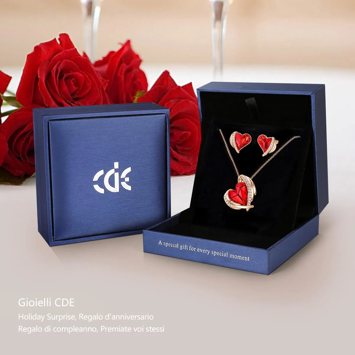CDE Parure Collana e Orecchini Cuore Argento con Cristalli