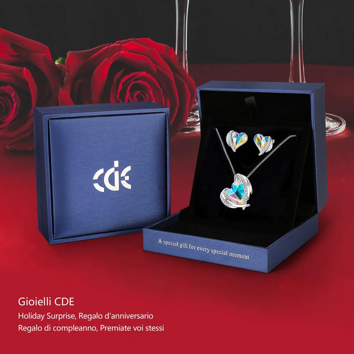 CDE Parure Collana Orecchini Cuore Rosa Cristalli Scatola Regalo