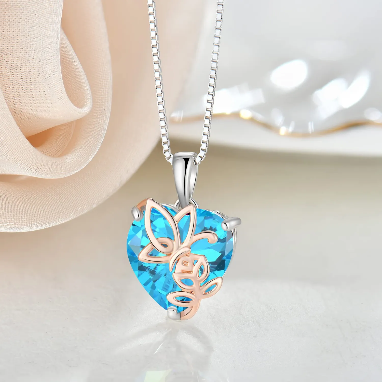 YL Rosa Farfalla Cuore Collana Argento 925 Acquamarina