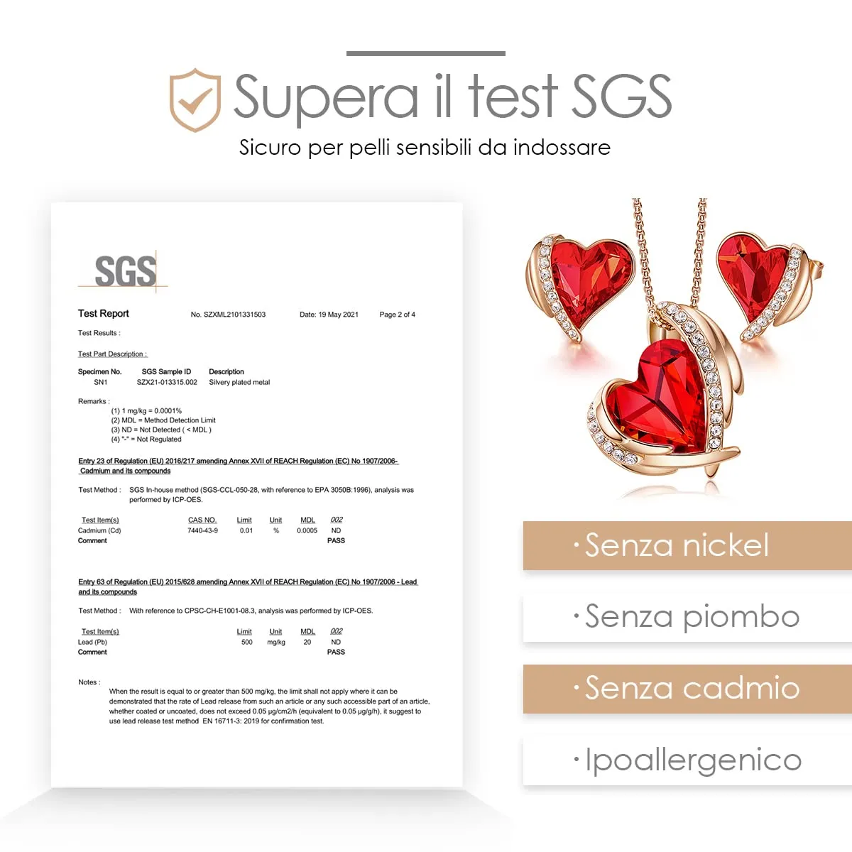 CDE Parure Collana e Orecchini Cuore Argento con Cristalli
