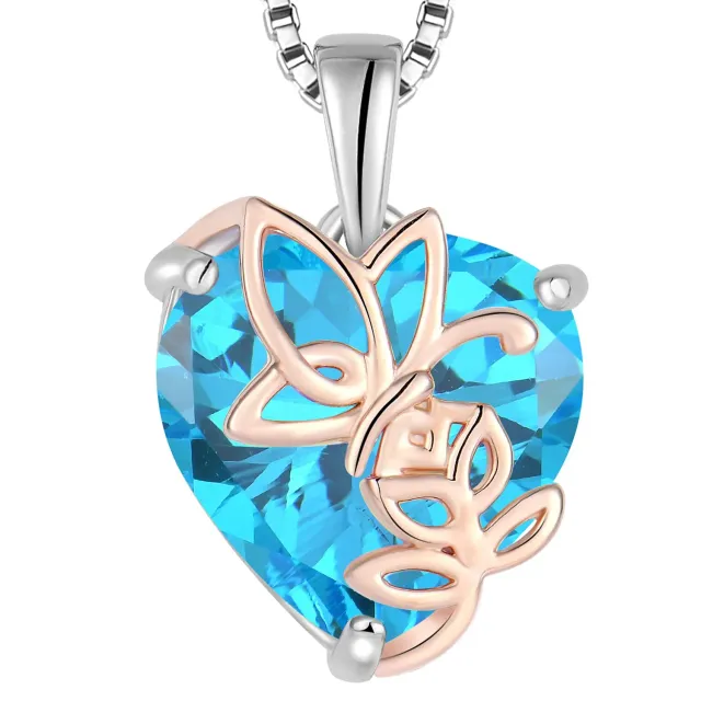 YL Rosa Farfalla Cuore Collana Argento 925 Acquamarina