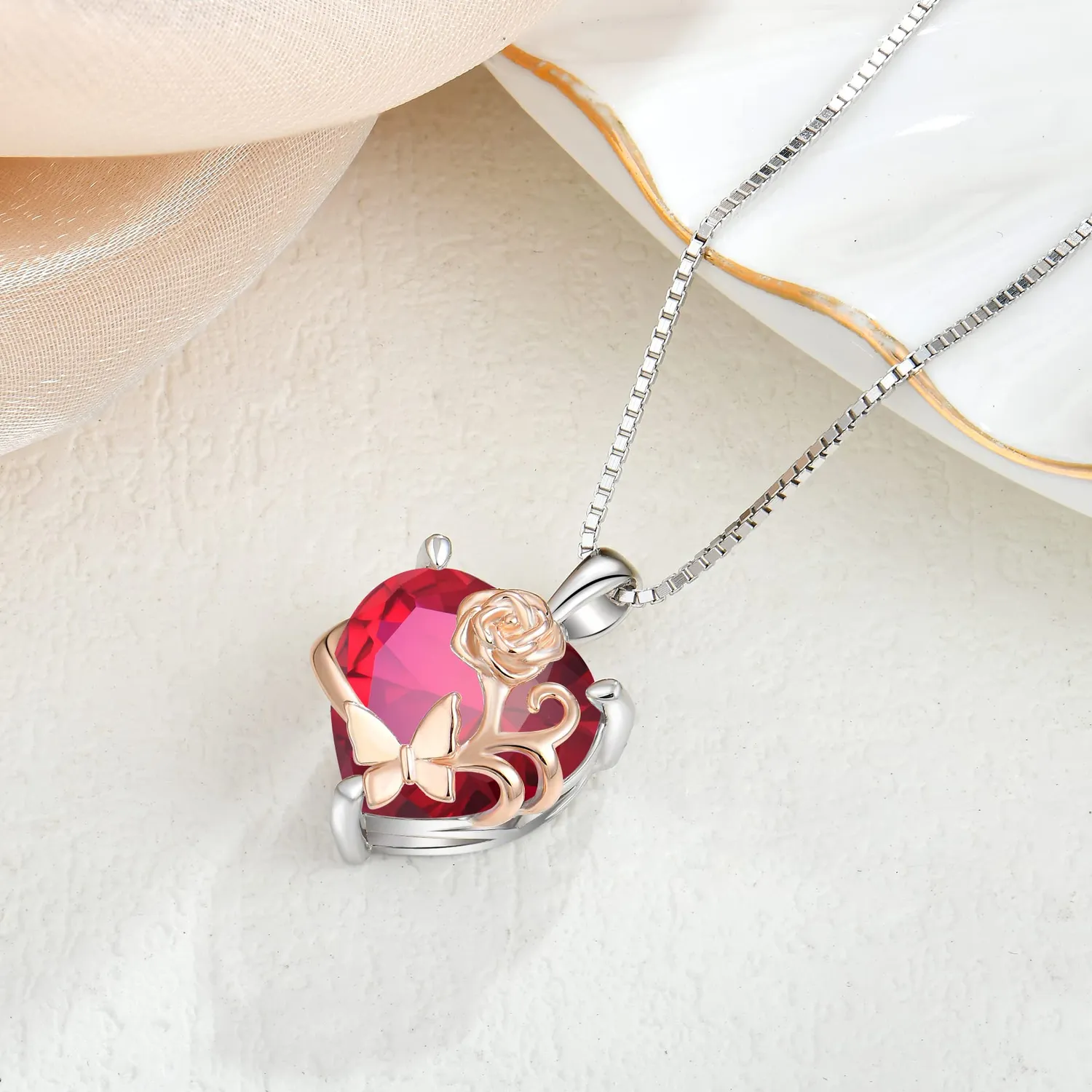 YL Rosa Cuore collana argento rubino luglio
