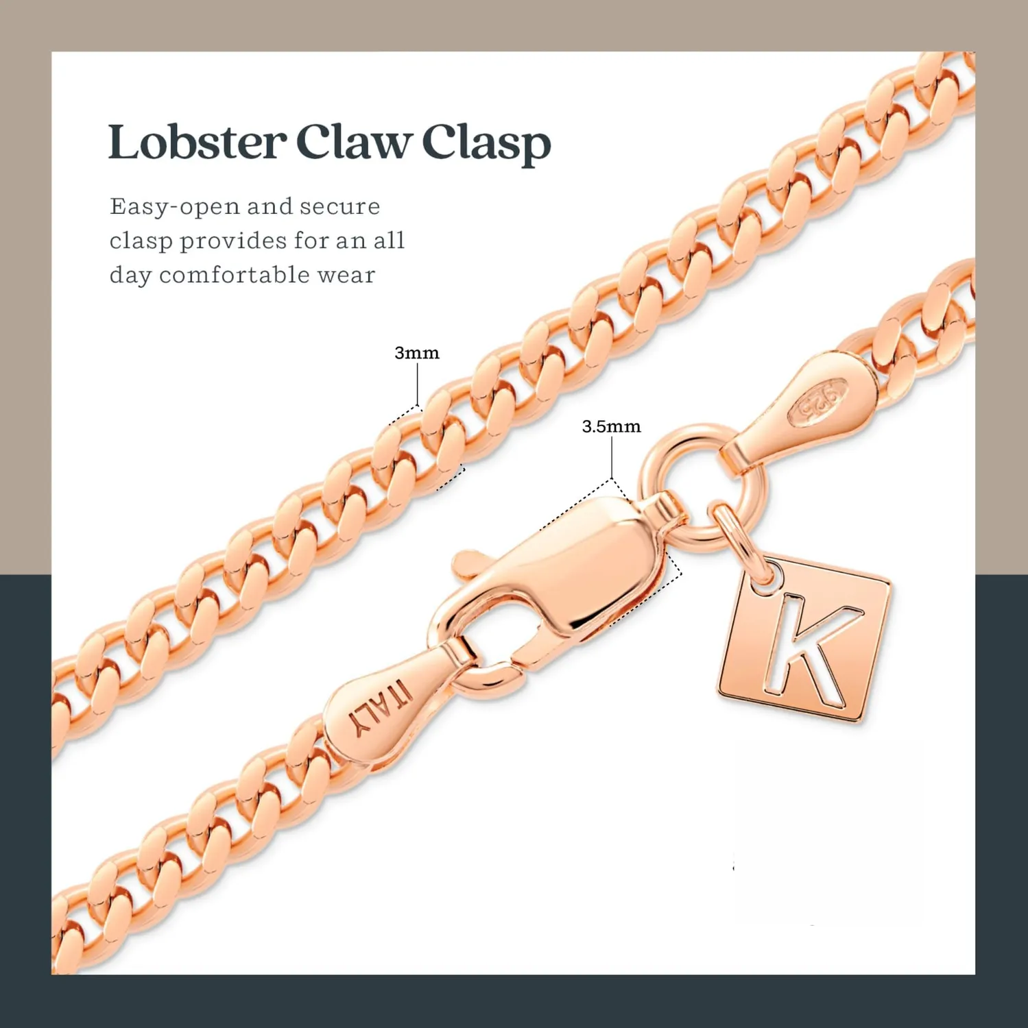Kezef Curb collana argento oro rosa 3 mm 60 cm