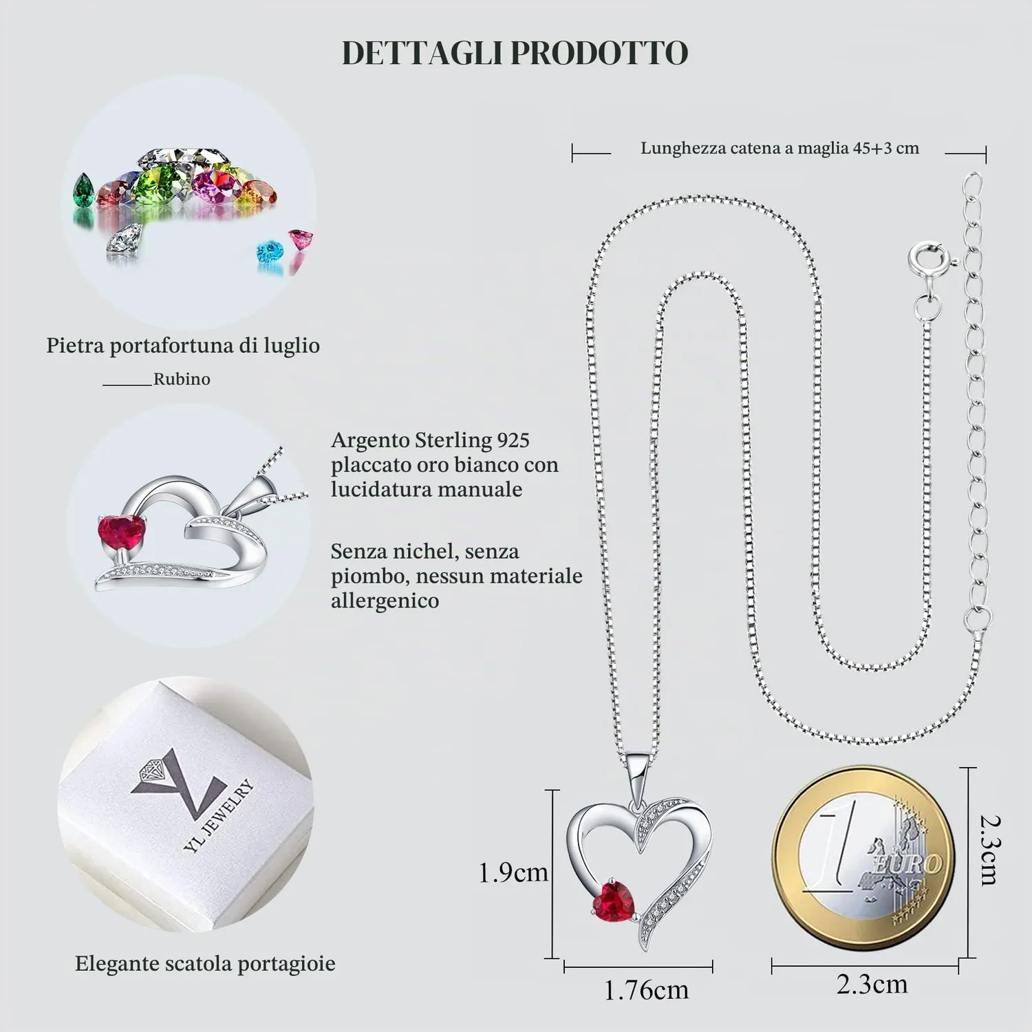YL Doppio Cuore collana argento 925 rubino luglio