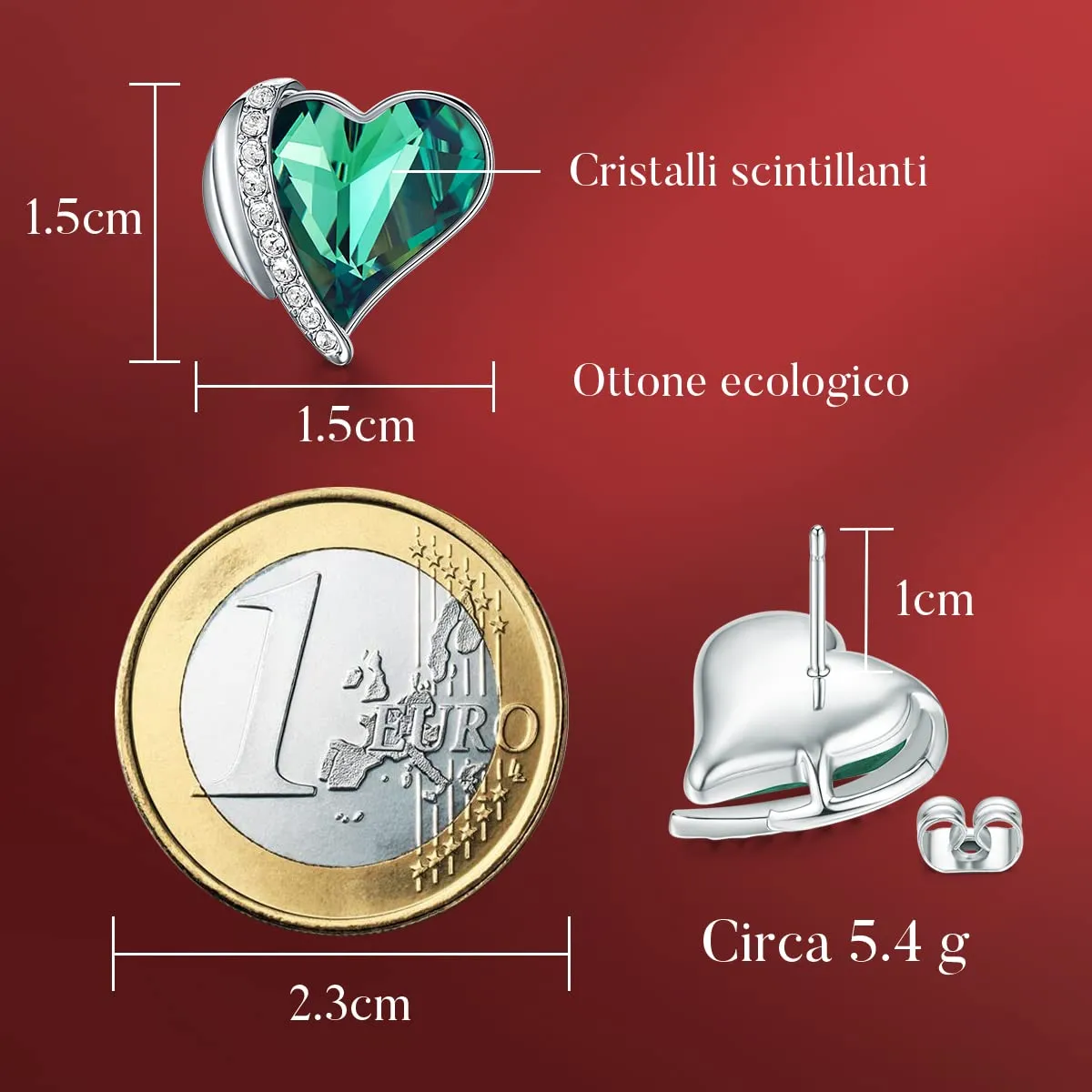 CDE Orecchini a Bottone Cuore Oro Rosa Cristalli