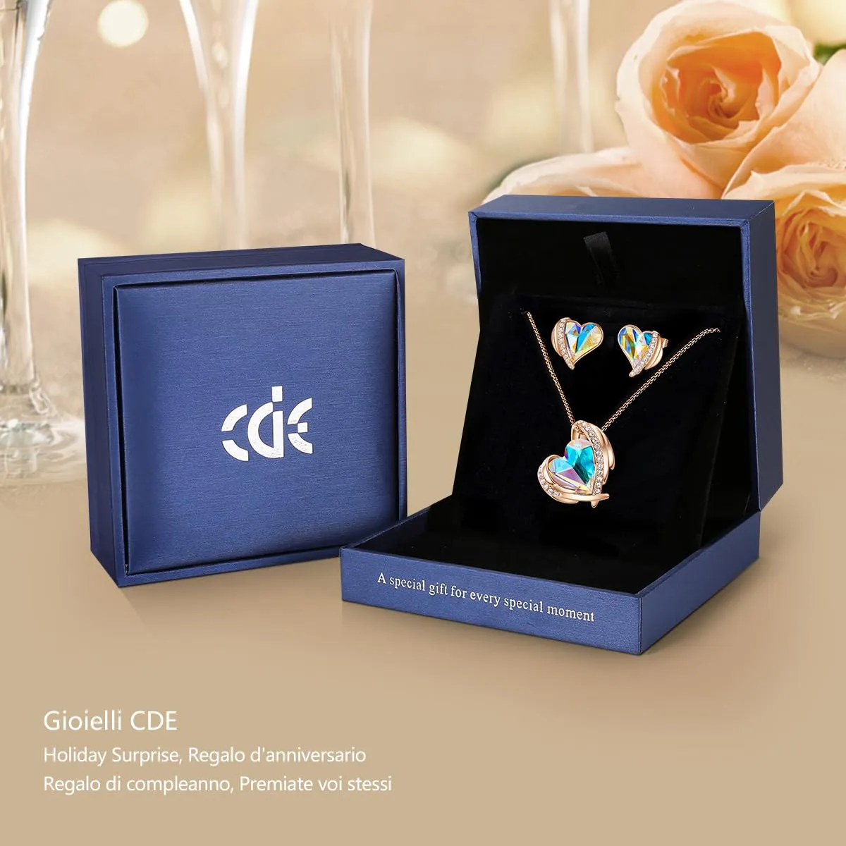 CDE Cuore parure collana e orecchini oro rosa cristalli