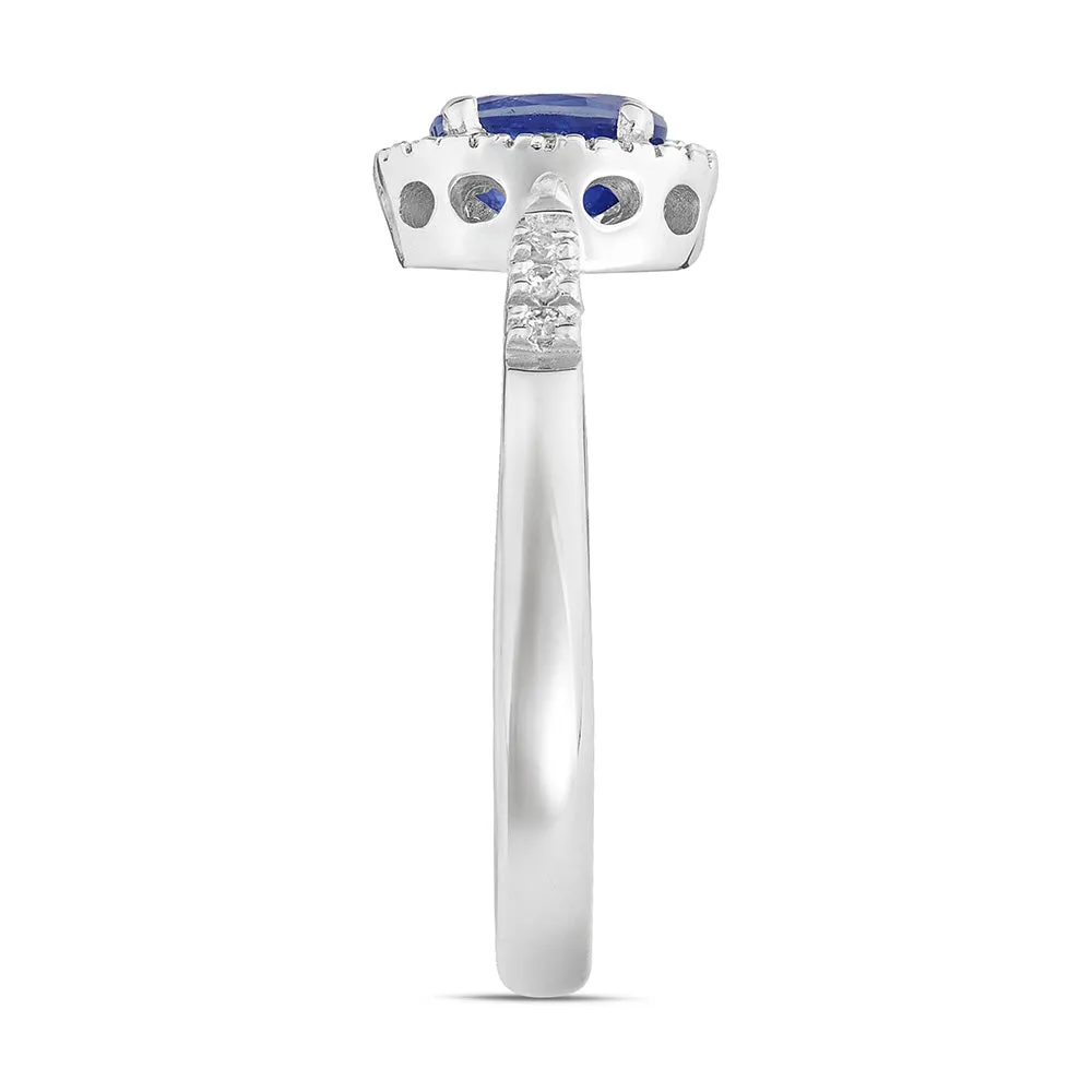Sinico Idilio Halo anello oro bianco zaffiro blu
