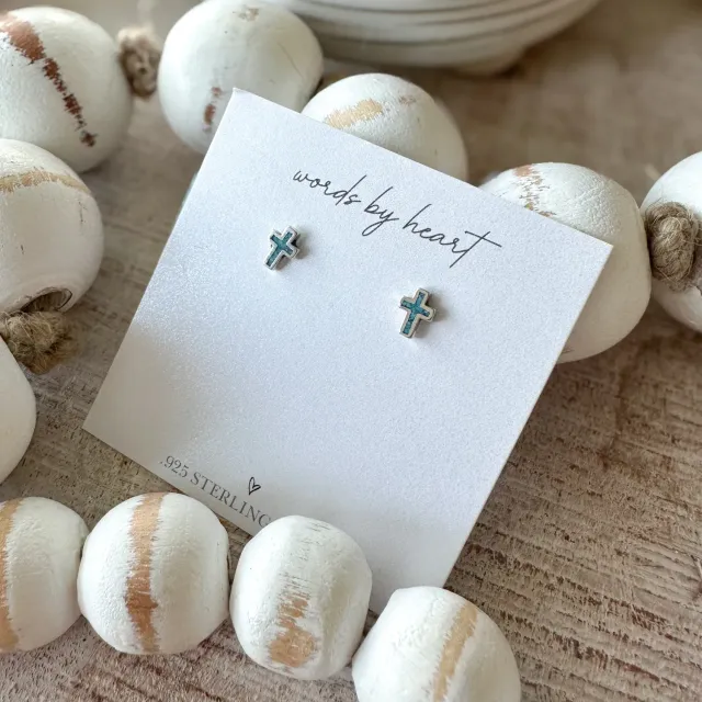 WordsByHeartCo Teal Inlay orecchini croce argento 925