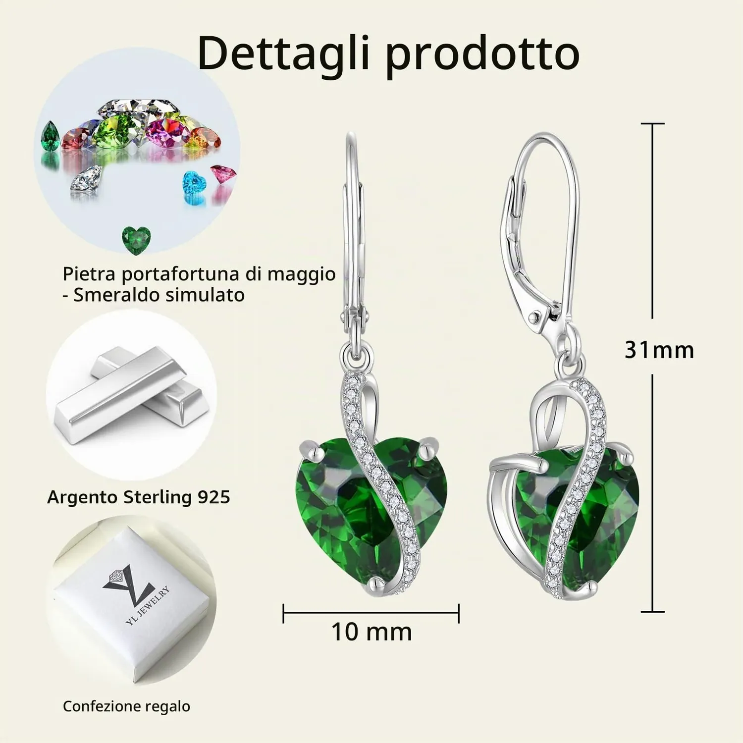 YL Cuore orecchini argento 925 smeraldo maggio