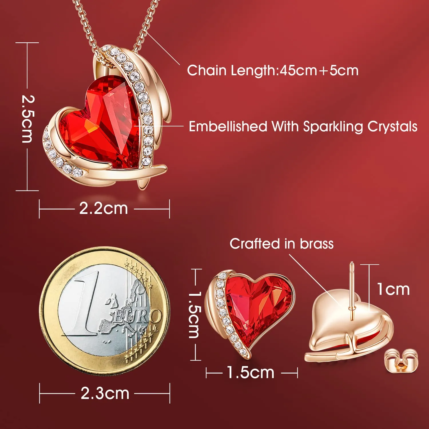 CDE Parure Collana e Orecchini Cuore Argento con Cristalli