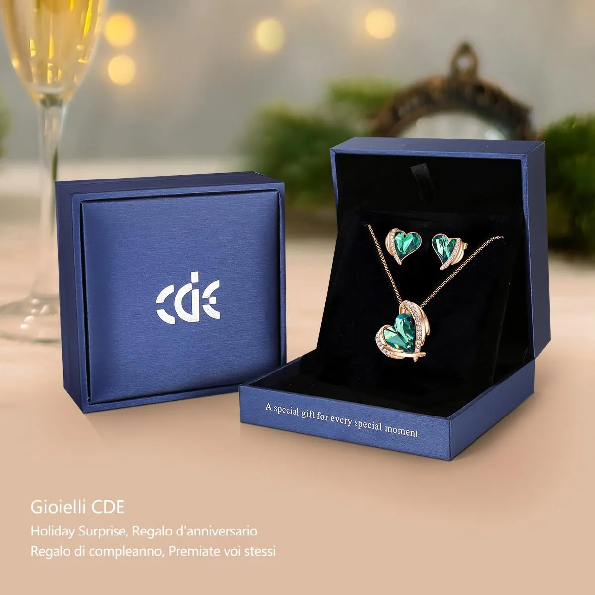 CDE Parure Collana e Orecchini Cuore Oro Rosa con Cristalli