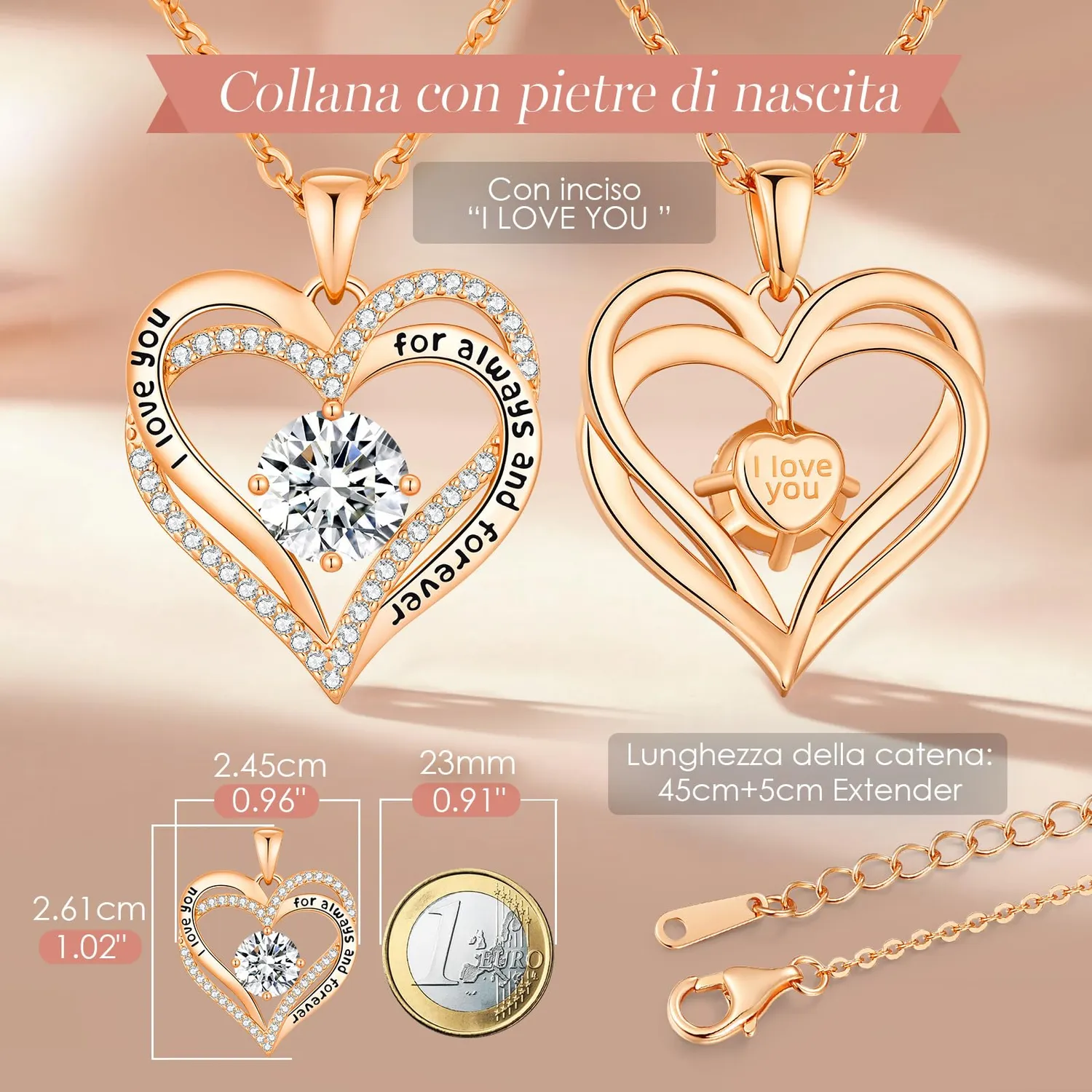 CDE Cuore collana oro rosa aprile pietra nascita