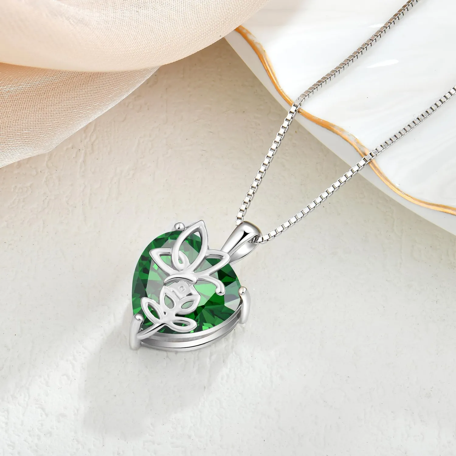 YL Cuore Rosa Farfalla collana smeraldo maggio argento 925