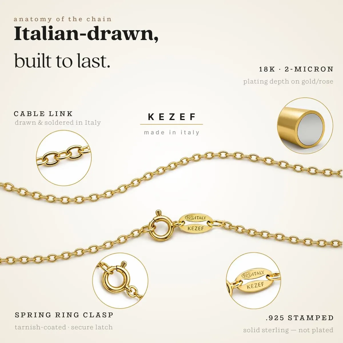 KEZEF Catena collana argento 925 oro 18K maglia ovale 1,3 mm