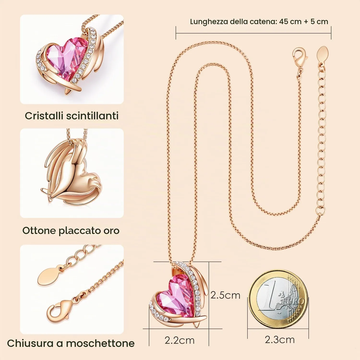 CDE collana cuore angelo oro rosa cristalli birthstone