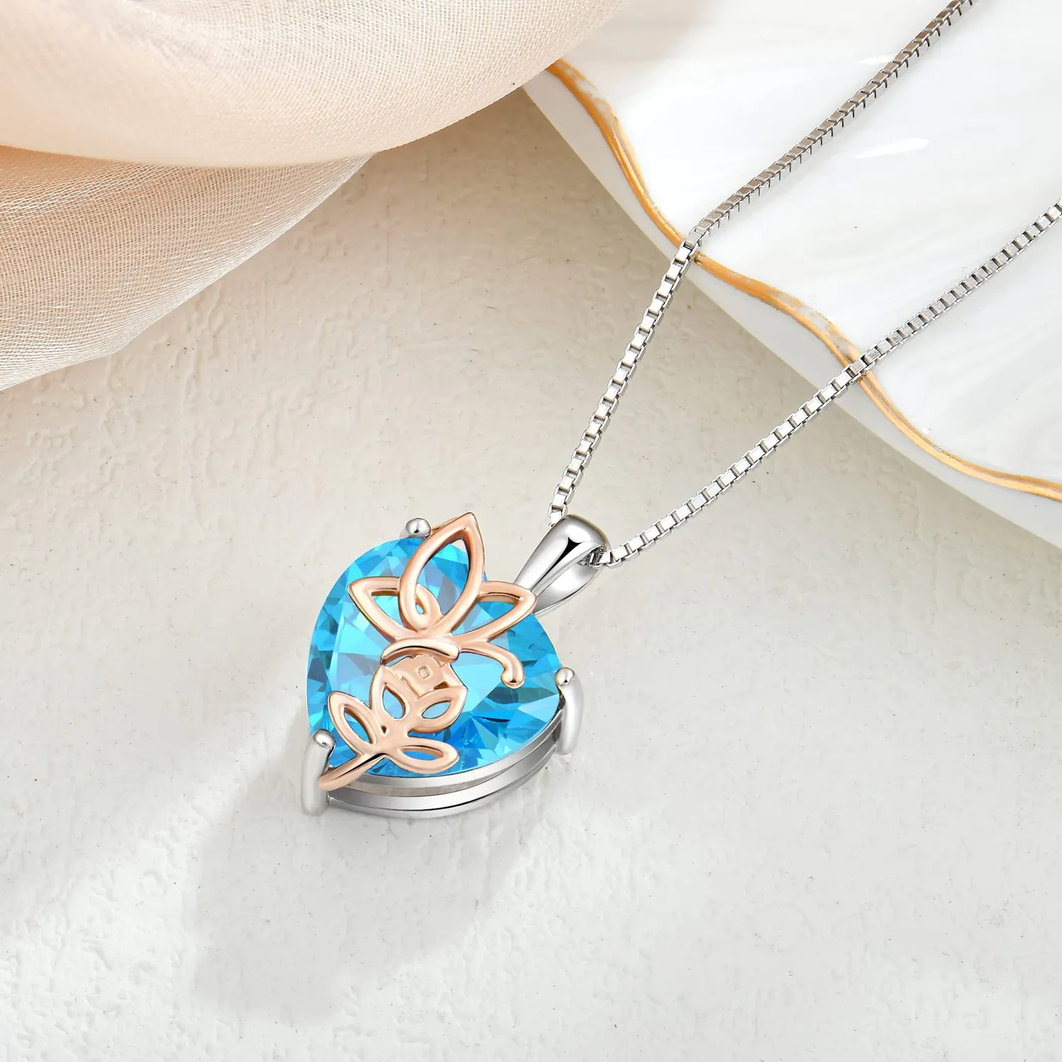 YL Rosa Farfalla Cuore Collana Argento 925 Acquamarina