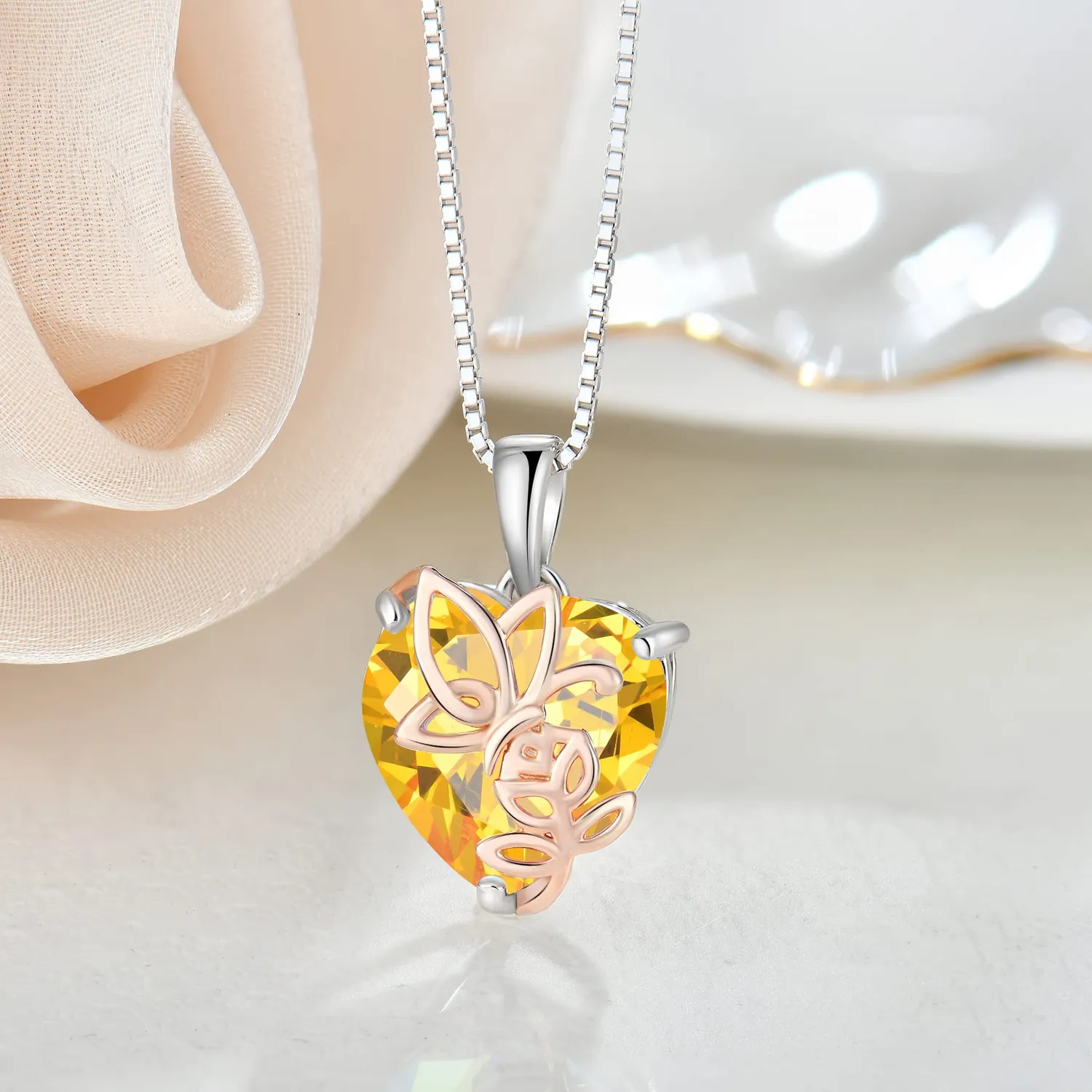 YL Rosa Farfalla Cuore Collana Argento 925 Citrino 45cm