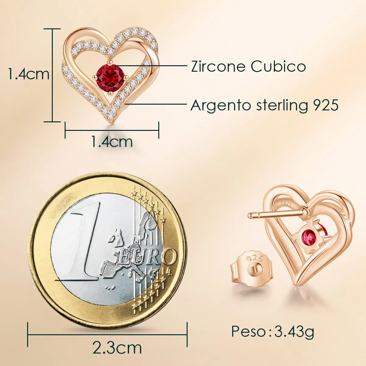 CDE Cuore Orecchini Argento 925 Oro Rosa Lobo