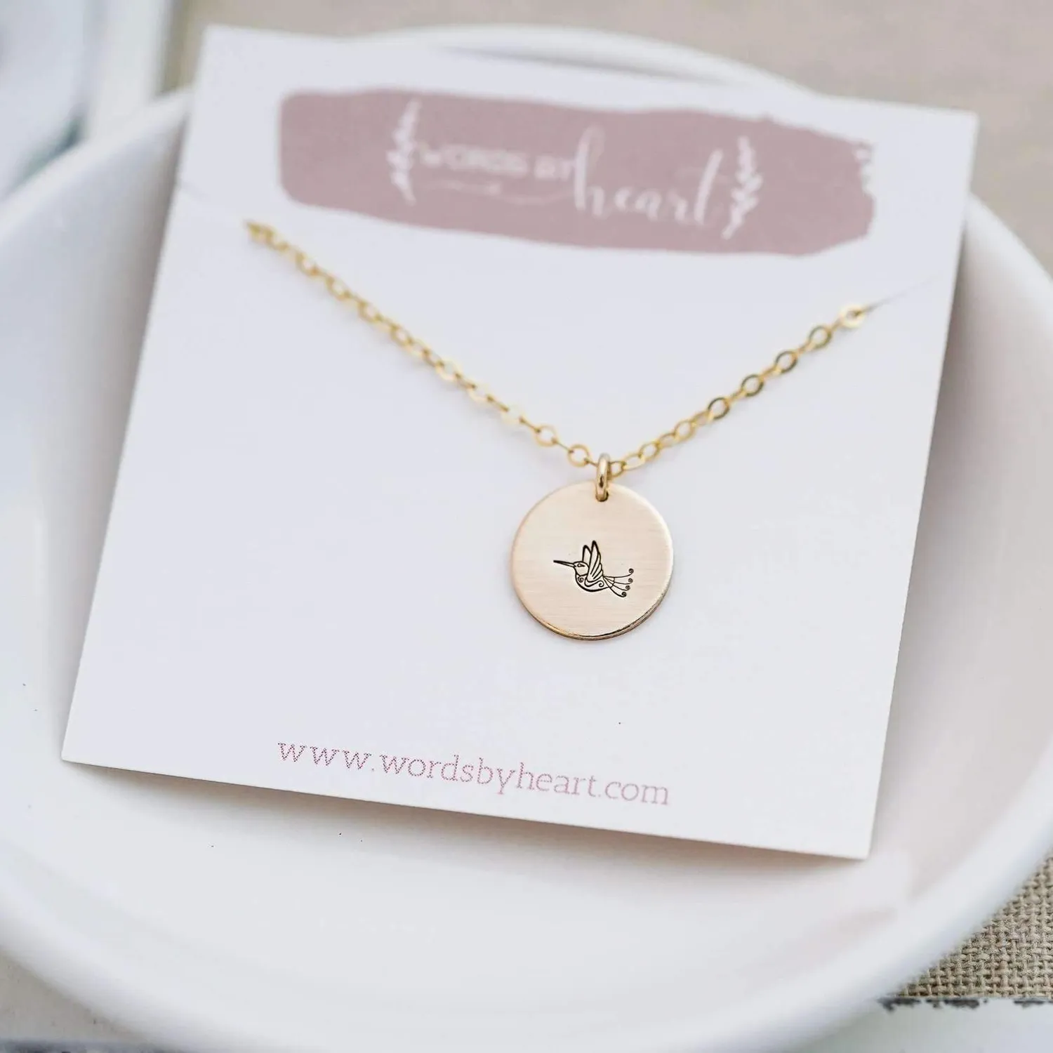 WordsByHeartCo Hummingbird collana disco argento 925 colibri