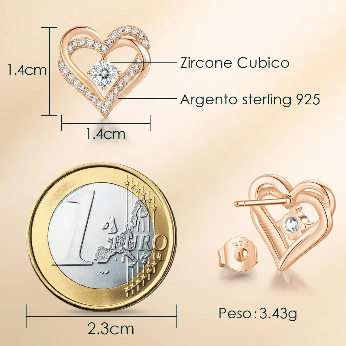 CDE Cuore Orecchini Argento 925 Oro Rosa