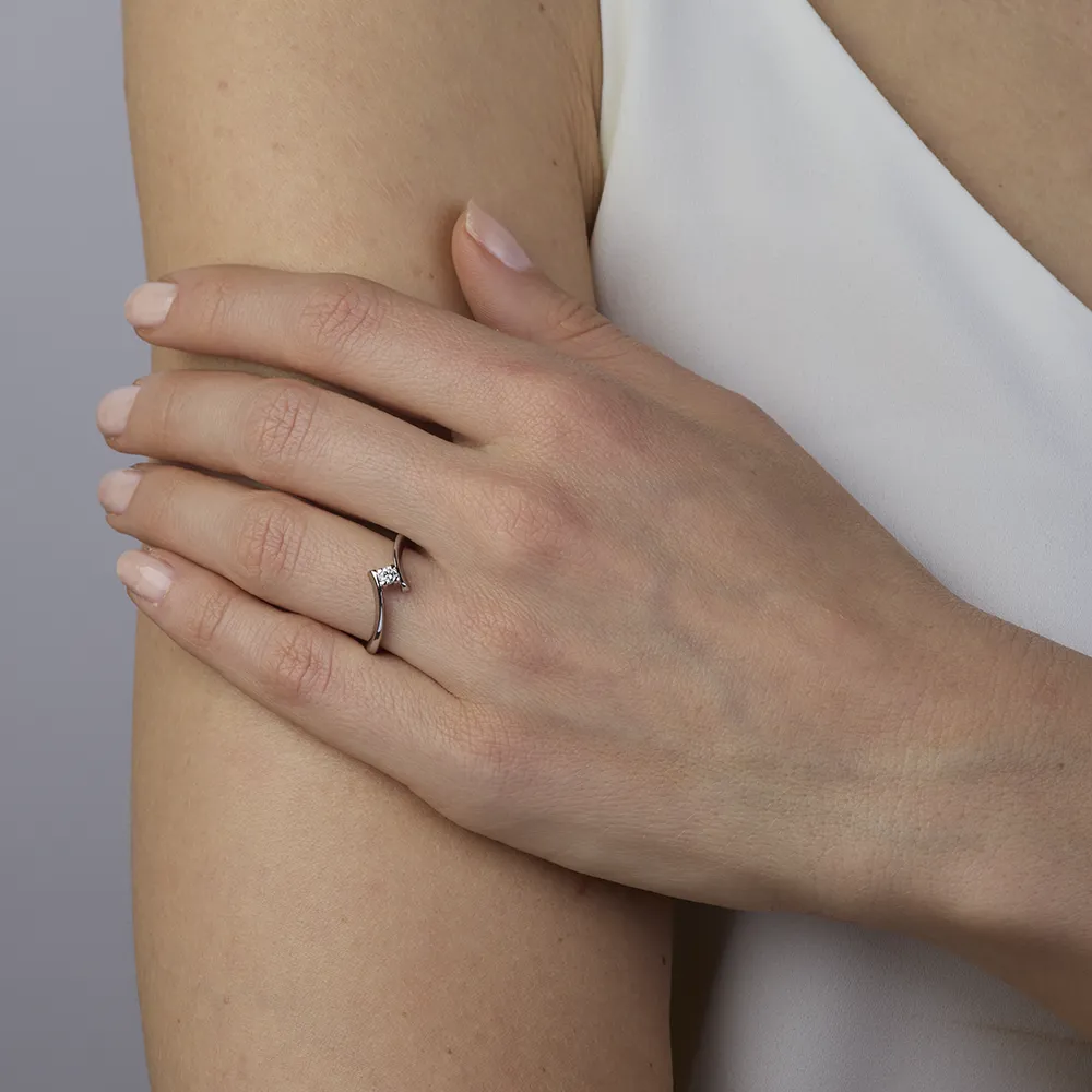 Sinico Promesse Anello Solitario Contrarié Oro Bianco Diamante 0,09 ct
