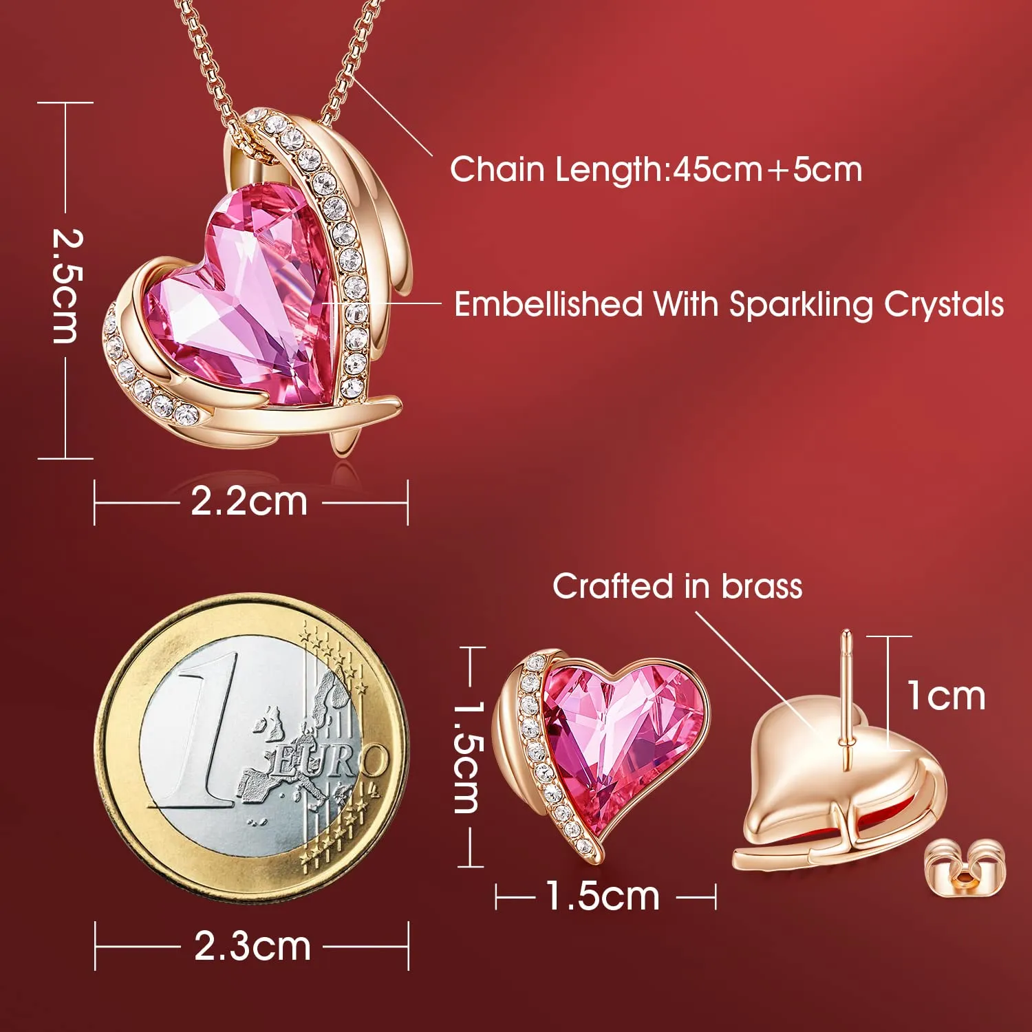 CDE Cuore completo collana e orecchini oro rosa cristalli