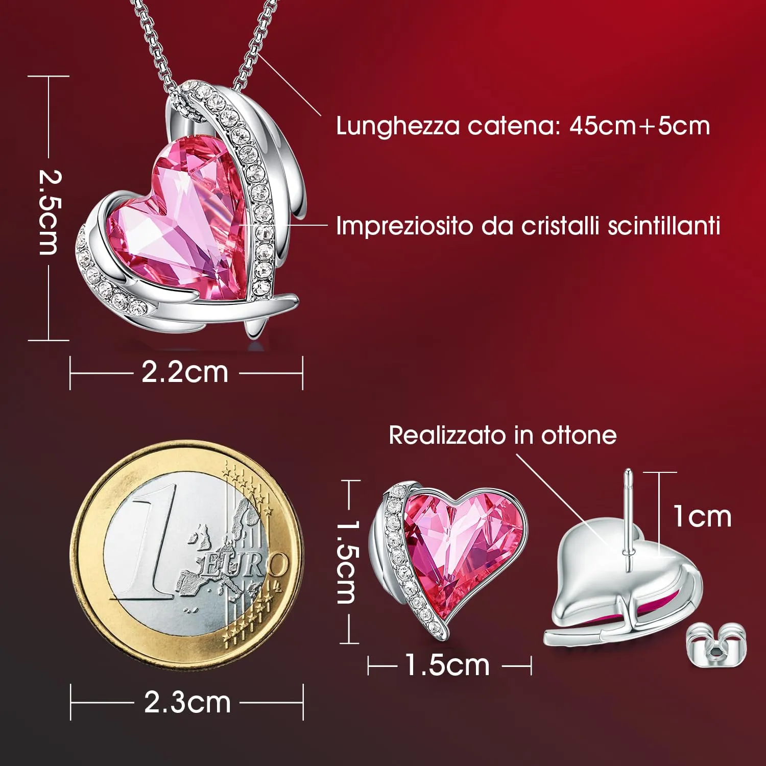 CDE Parure Collana e Orecchini Cuore Oro Giallo con Cristalli