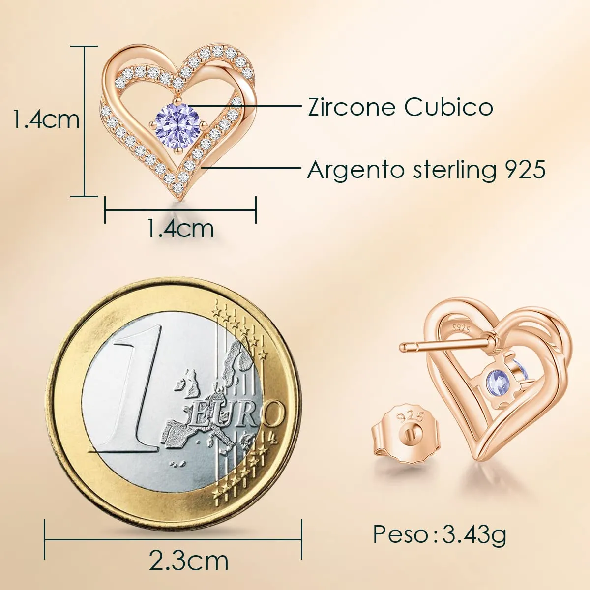 CDE Cuore orecchini a bottone argento 925 oro rosa