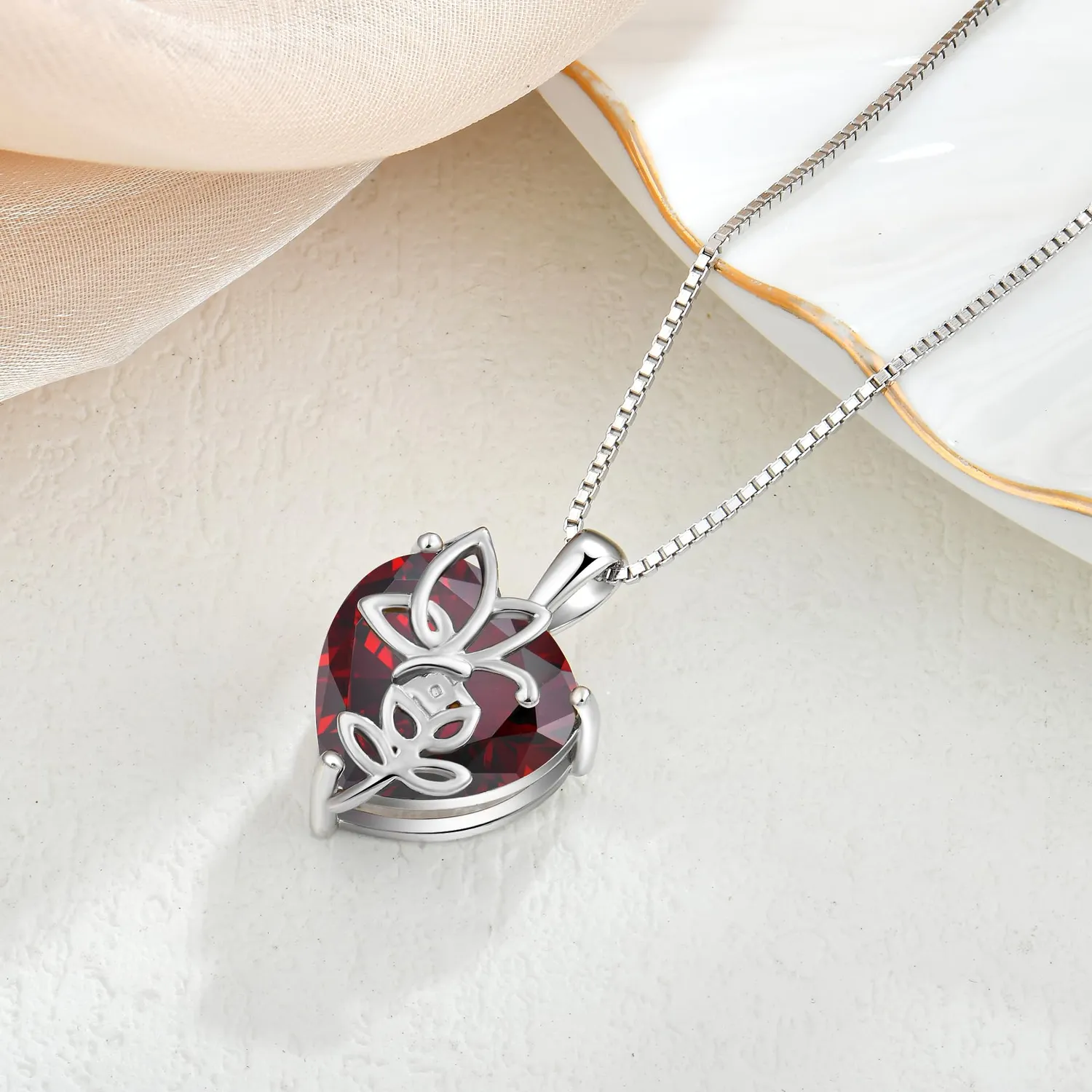 YL Cuore Rosa Farfalla collana argento 925 granato gennaio