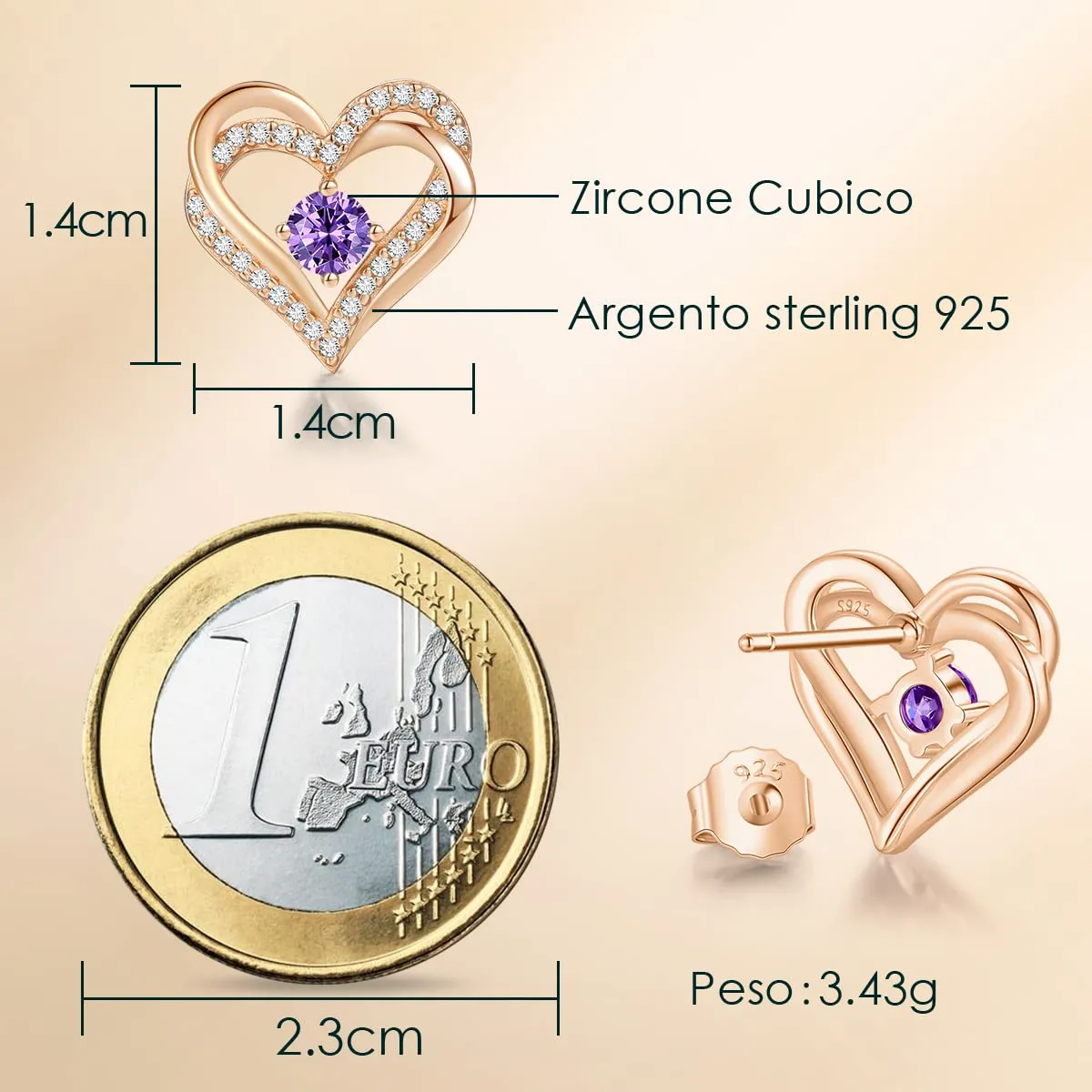 CDE Cuore orecchini a bottone argento 925 oro bianco