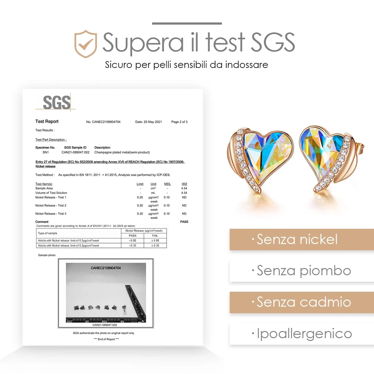 CDE Orecchini a Bottone Cuore Oro Rosa Senza Nichel