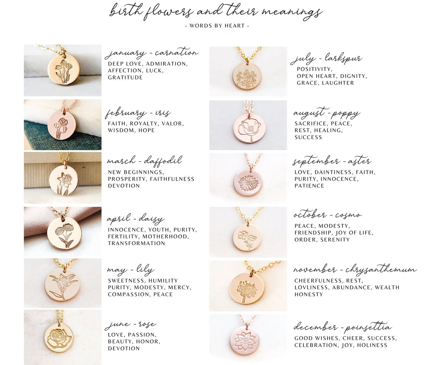 WordsByHeartCo Birth Flower collana dischi argento 925 fiore mese