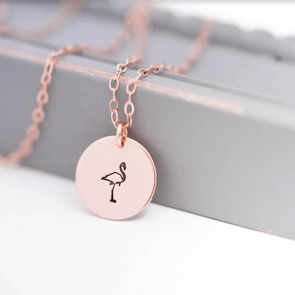 WordsByHeartCo Flamingo collana disco oro rosa 45 cm