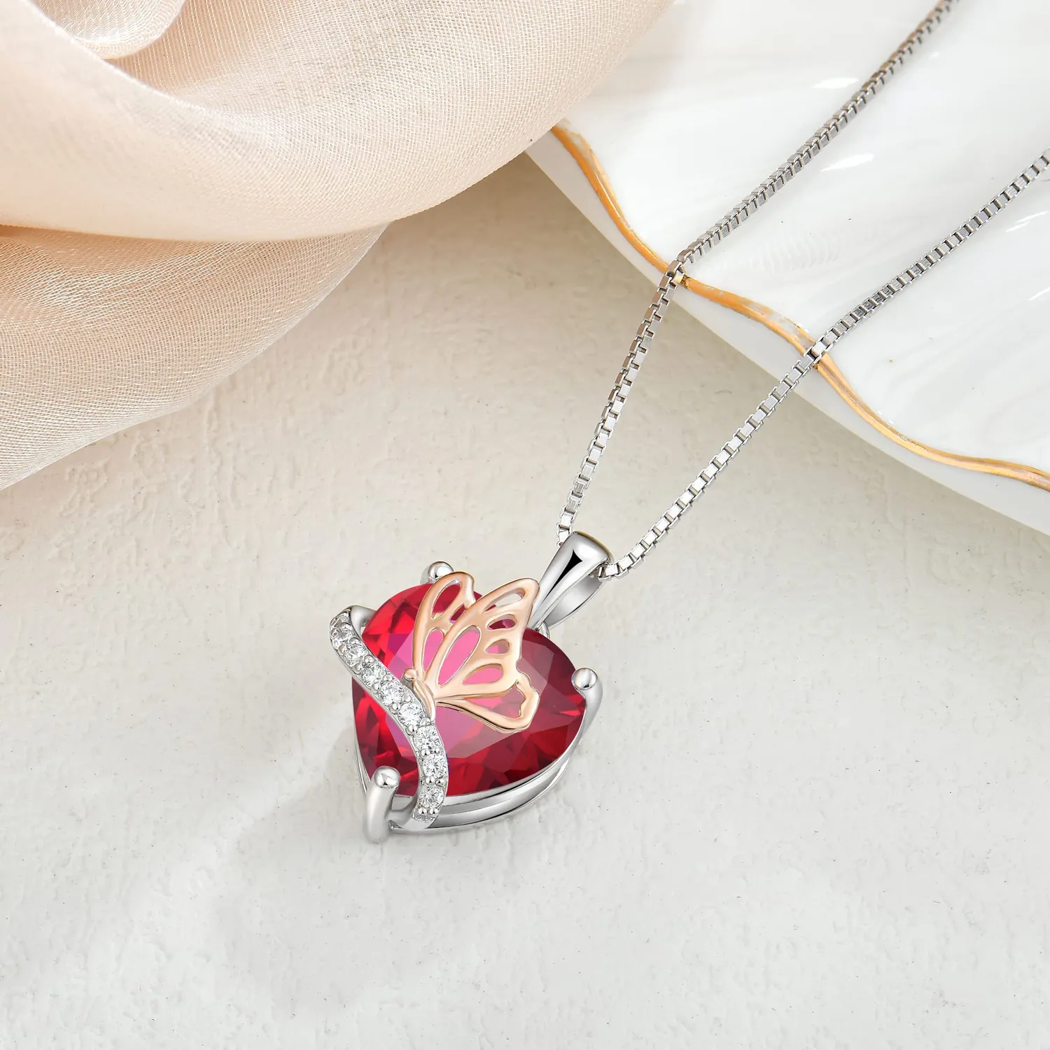 YL Farfalla Cuore collana argento 925 rubino luglio