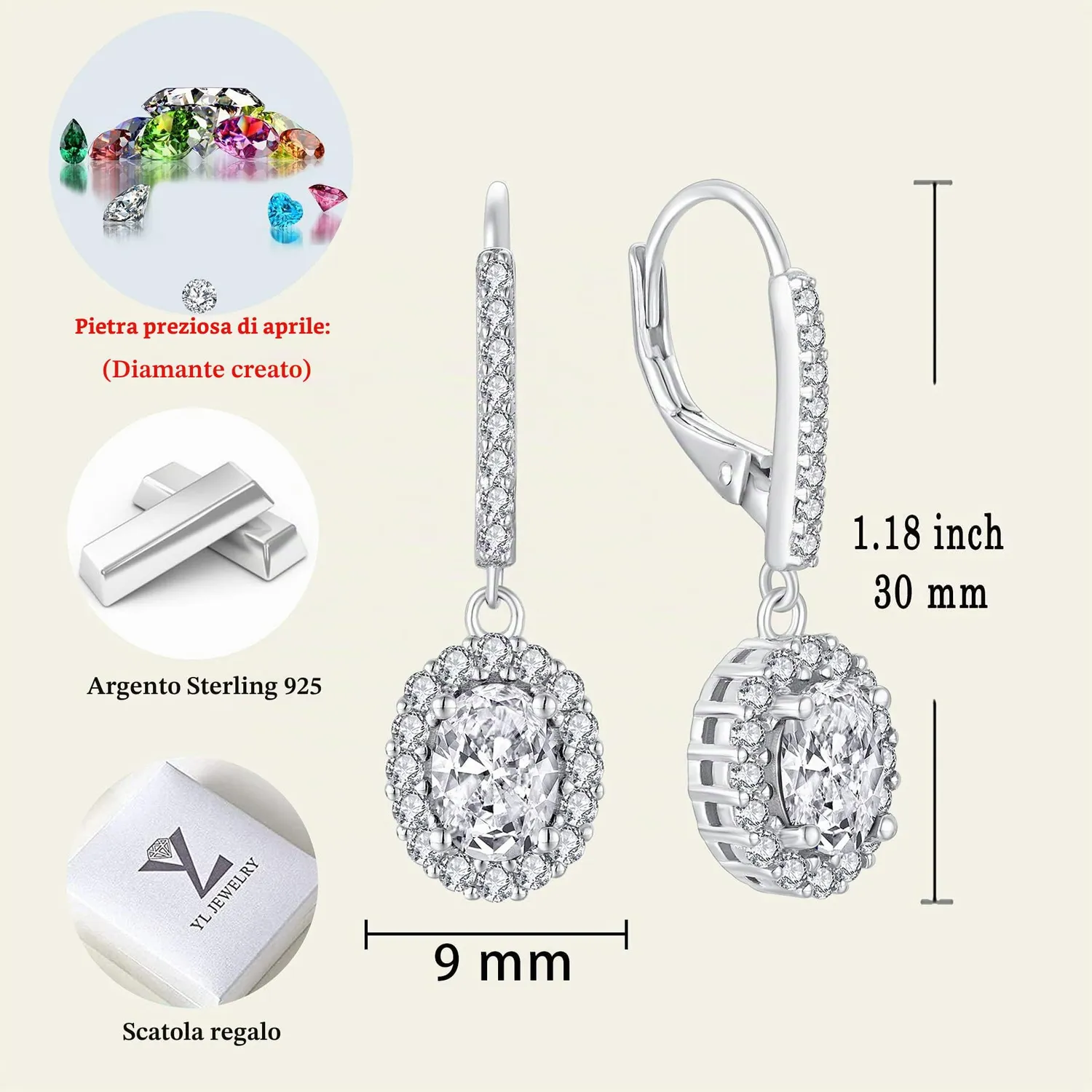 YL Ovale orecchini argento 925 zirconia cubica aprile