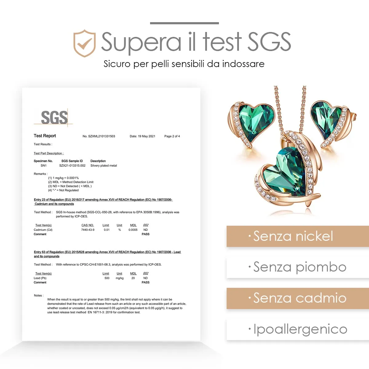 CDE Parure Collana e Orecchini Cuore Oro Rosa con Cristalli