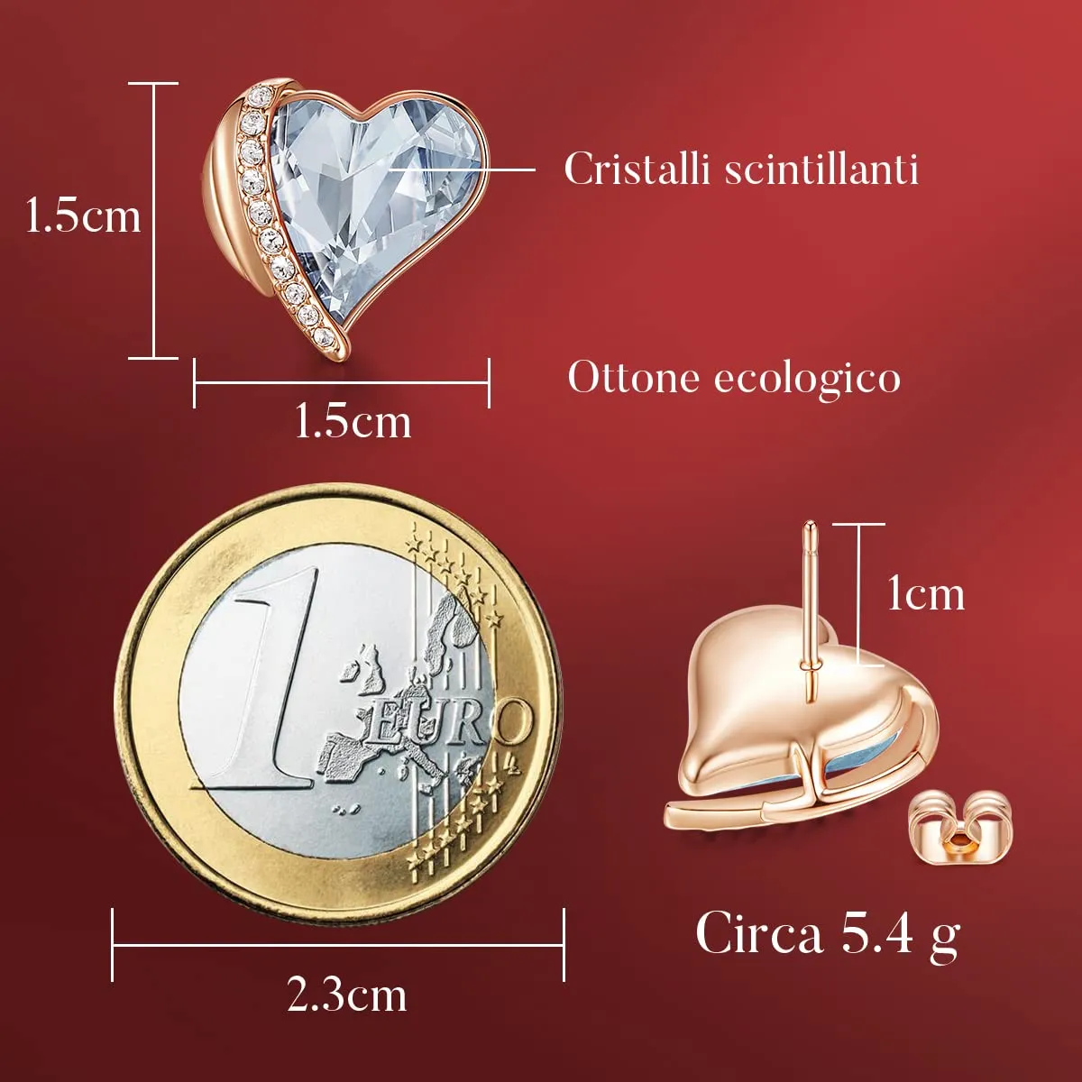 CDE Orecchini Bottone Cuore Oro Rosa Placcato 18 Kt