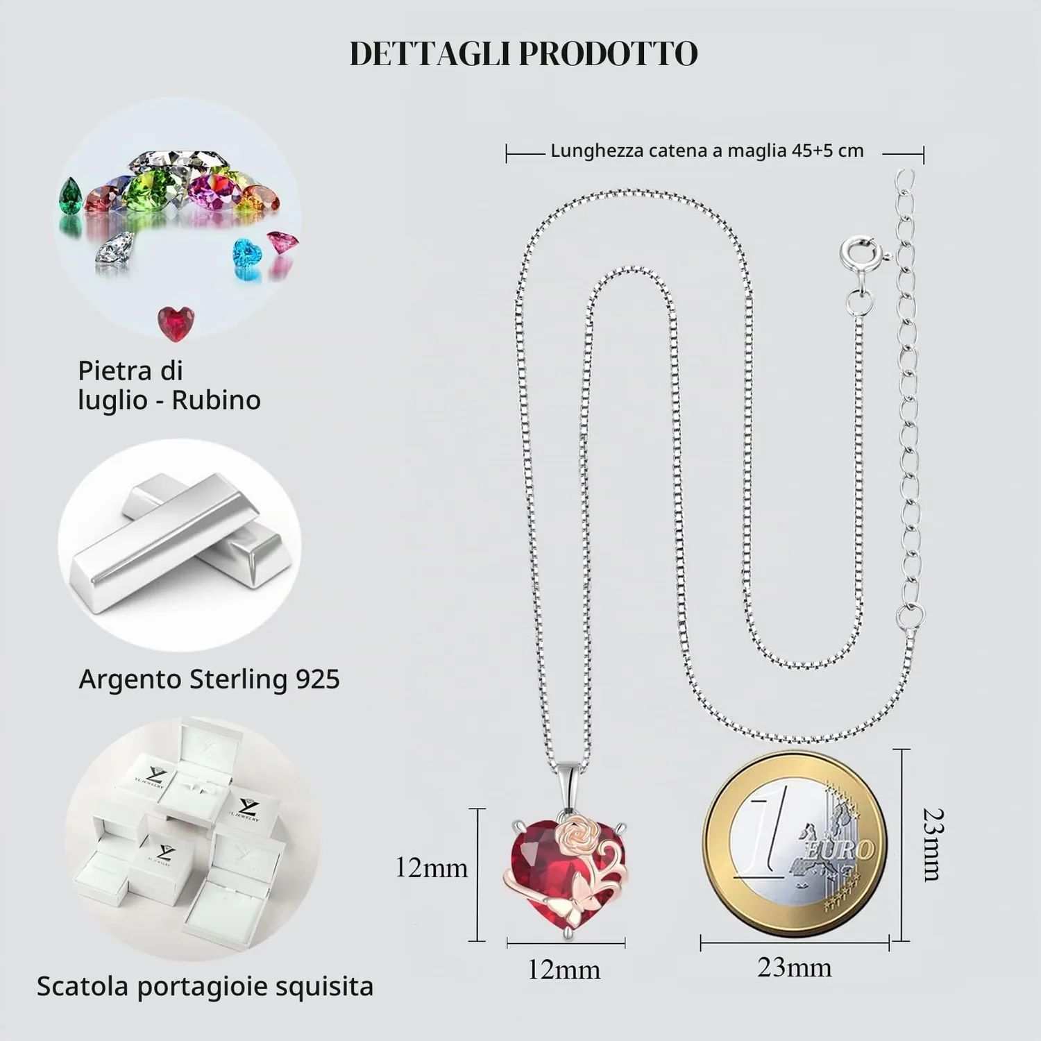 YL Rosa Cuore collana argento rubino luglio