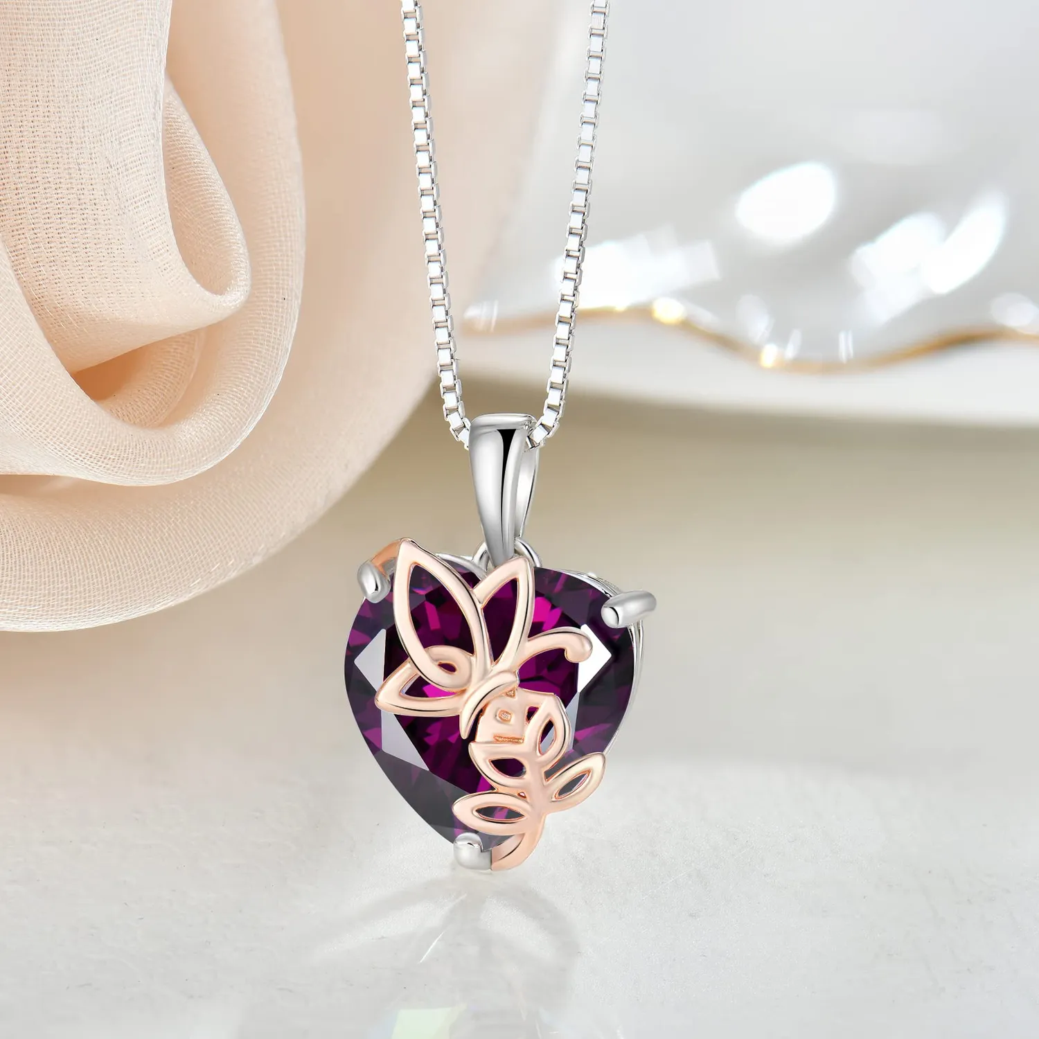 YL Rosa Farfalla Cuore collana argento 925 ametista febbraio