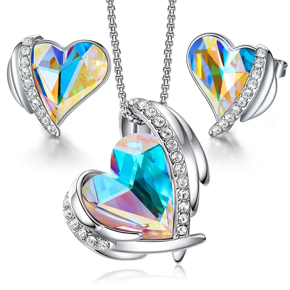 CDE Parure Collana Orecchini Cuore Rosa Cristalli Scatola Regalo