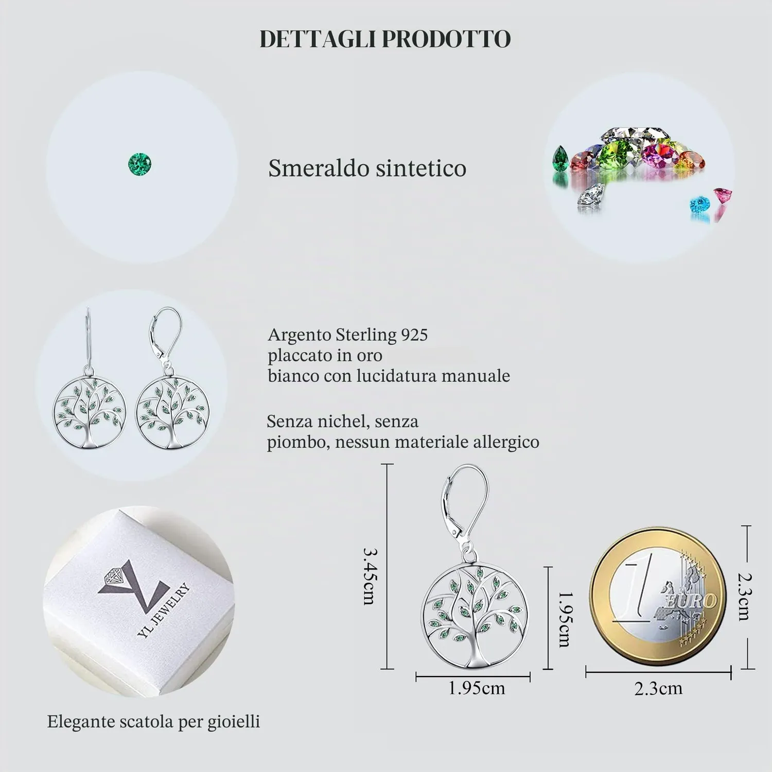 YL Albero della Vita Orecchini Argento 925 Verde Smeraldo