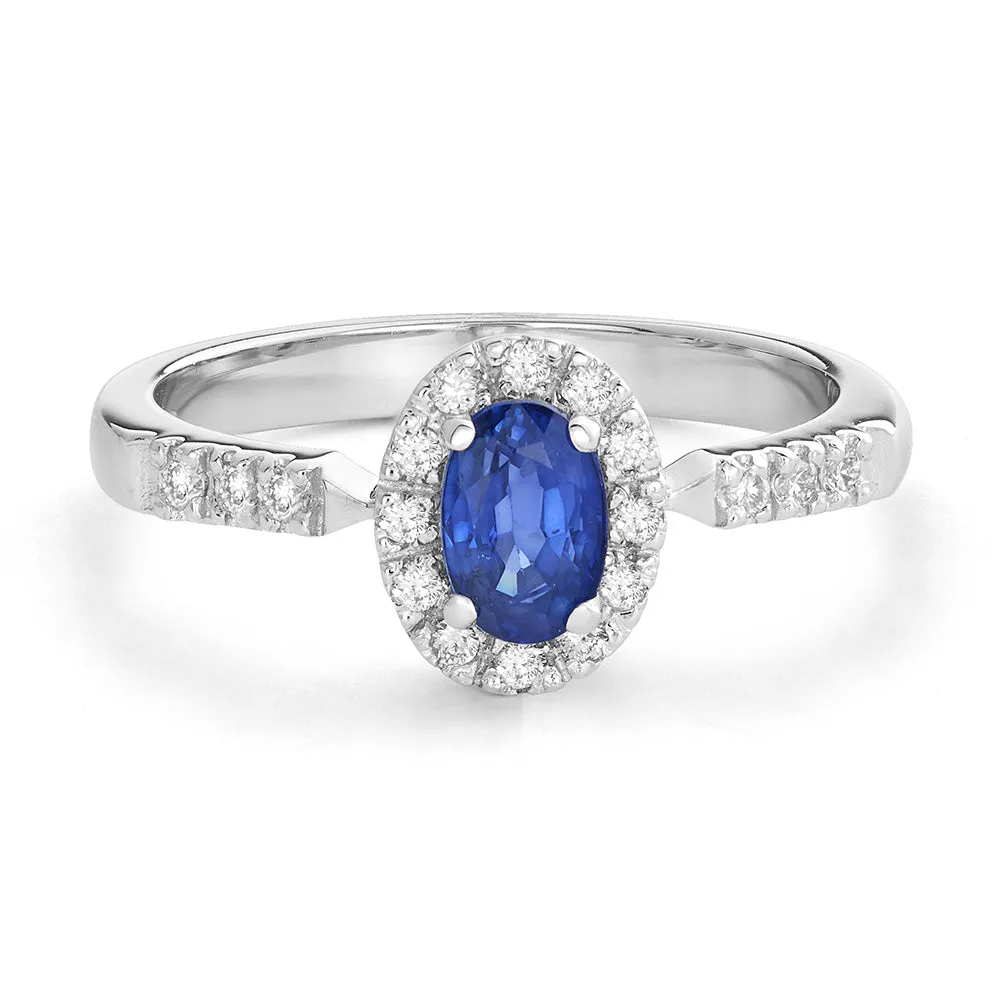 Sinico Idilio Halo anello oro bianco zaffiro blu